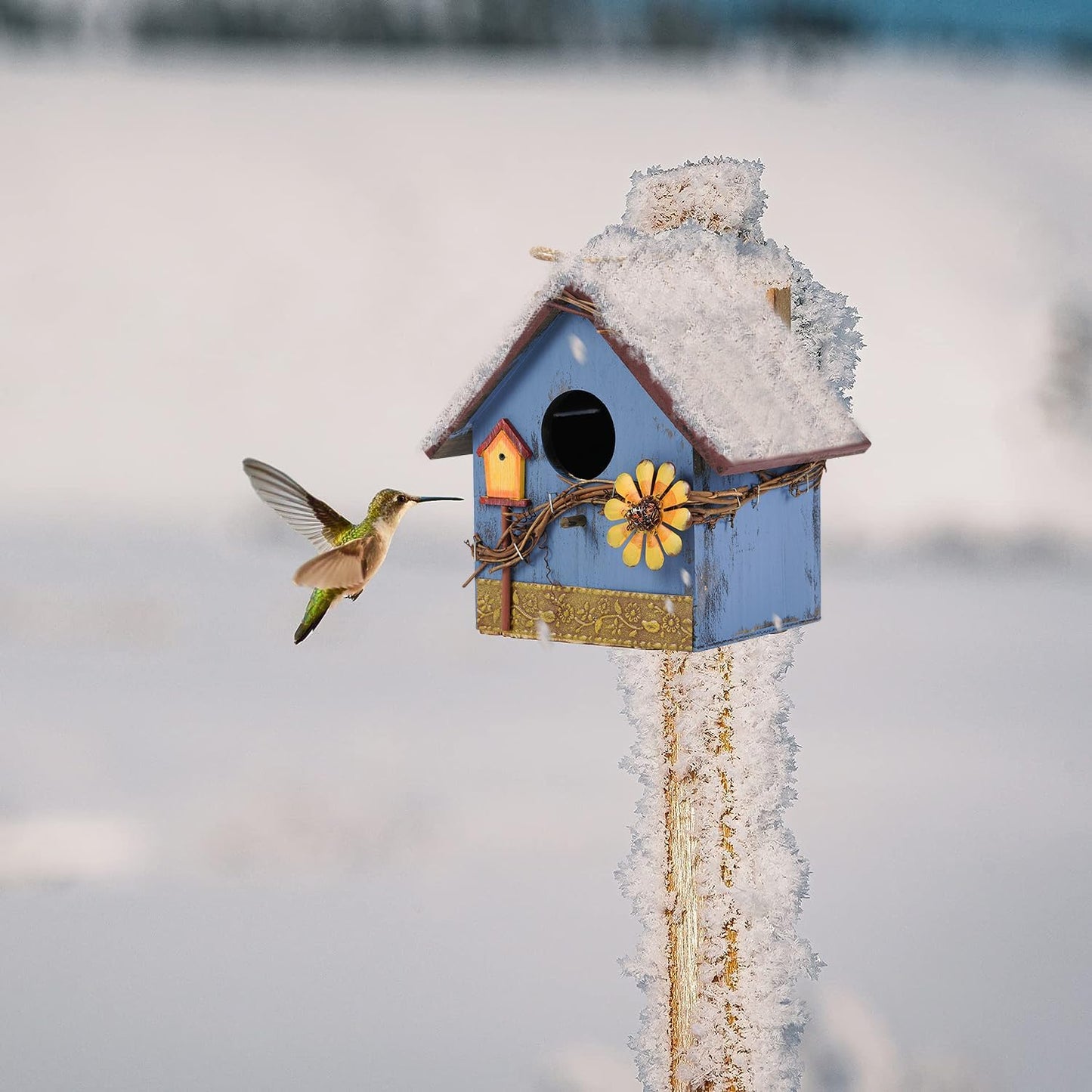 Hanging Bird Houses for Outside Decorative Birdhouse, Garden Bird Feeders for Outdoors, Blue Wooden Bird Nest Box for Wren Finchs Hummingbird Cardinal Bluebird Wild Birds, Gift for Bird Lovers