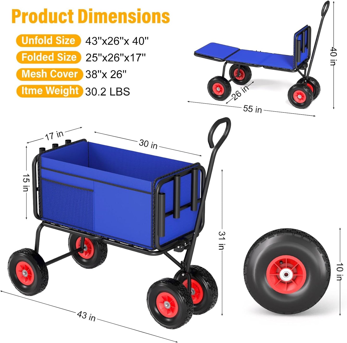 3 in 1 Beach Fishing Cart, Heavy Duty Garden Carts w/All Terrain Inflatable Tires, Folding Wagon Cart, Convert to Chair or Bench with Cushion, Rod Holders and Durable Oxford Bag