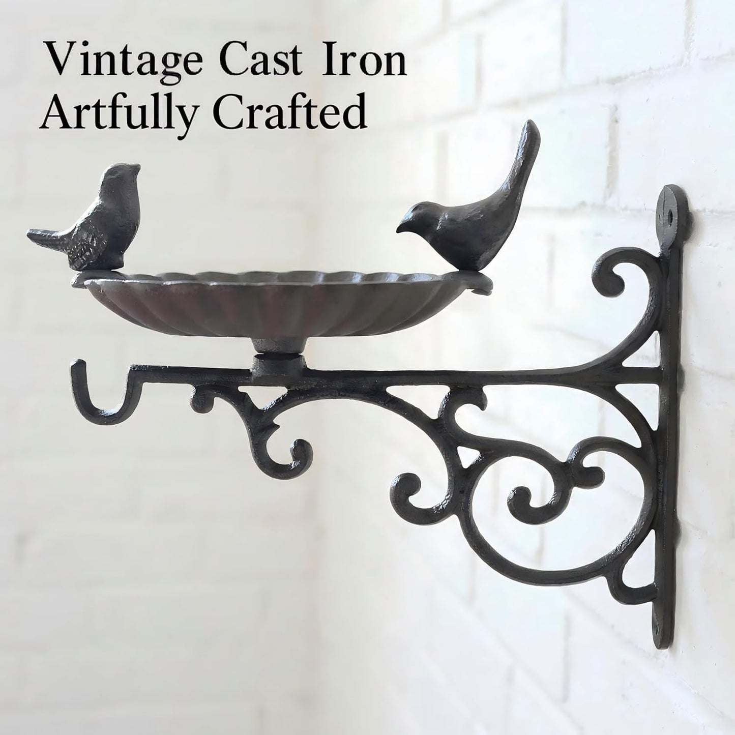 Cast Iron Bird Bath Feeder, Wall Mounted Bird Bath, Black Metal Garden Planter Hanger with Hanging Bracket, Wall Hook for Lanterns, Wind Chimes and More Garden Decorative Items