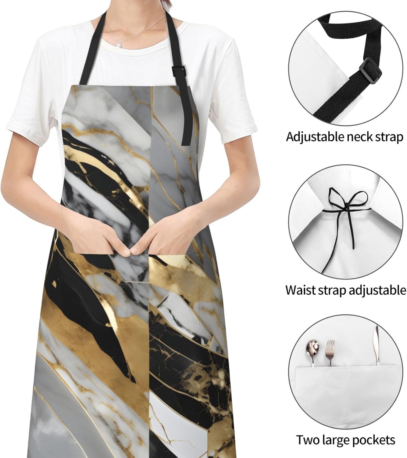 YANYU luxury Marble Print 28x33 In Kitchen Apron Stylish Chef Apron with Pockets for Cooking Baking Painting