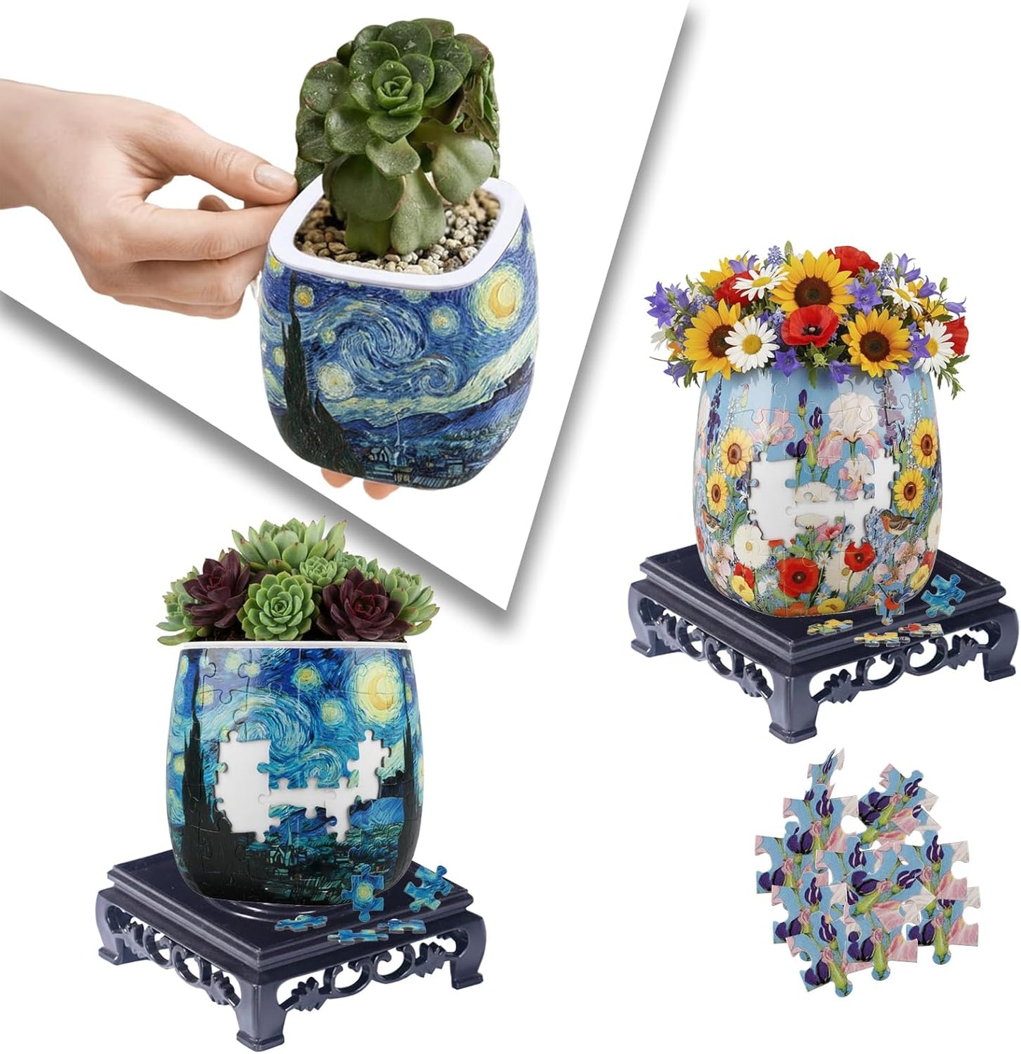 2 Pack 3D Puzzle Planter Set, Portuguese Tile and Summer Flower Designs, 96-Piece 3D Puzzle Vases, Indoor Succulent and Cactus Pots, DIY Home Decor Craft for Adults