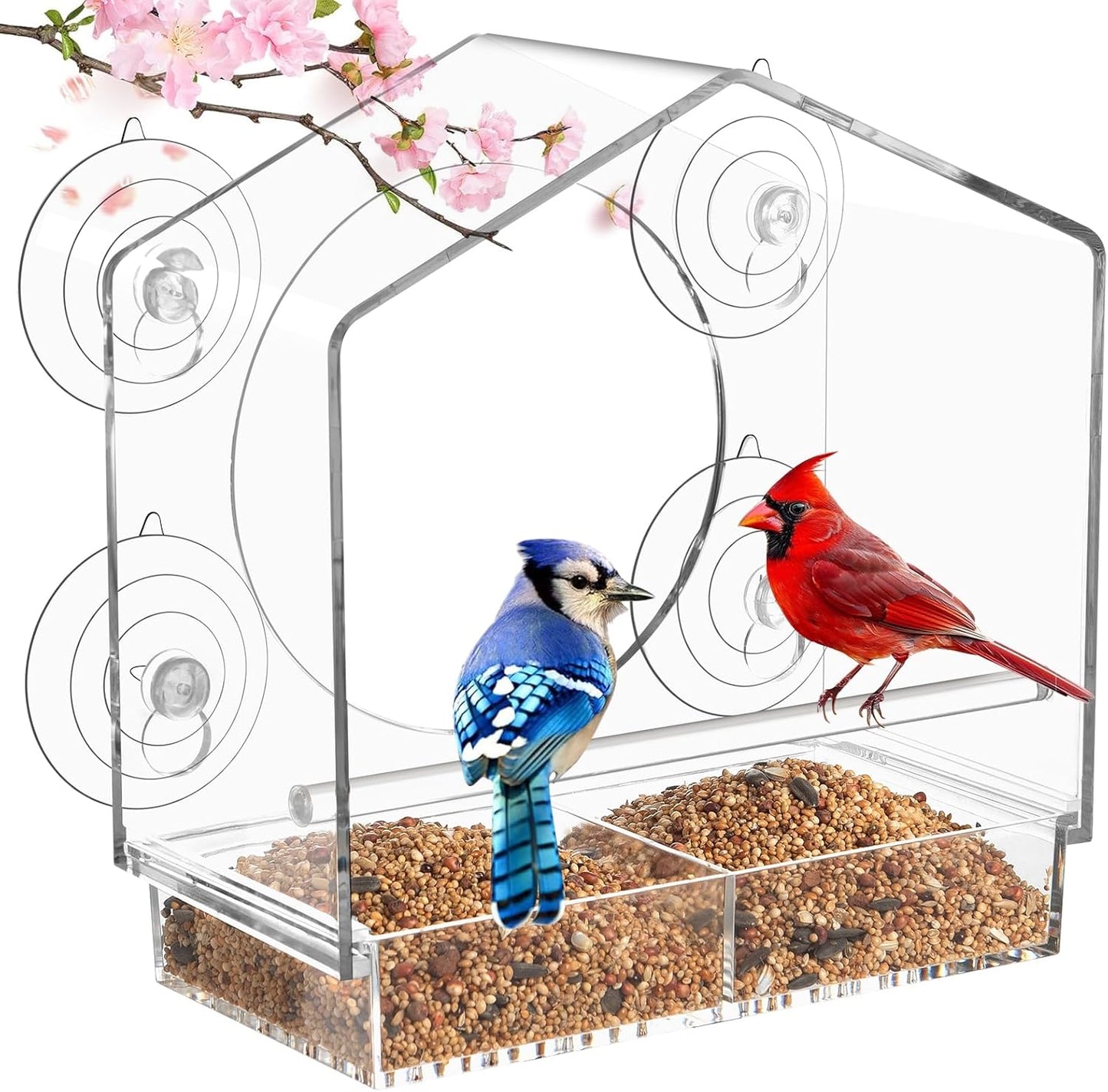 Clear Window Bird Feeder with Slide-Out Removable Tray - 4 Strong 2.36 Inch Suction Cups Acrylic House - See-Through Window Feeders for Outside - Bird Watching for Mom, Cats & Elders