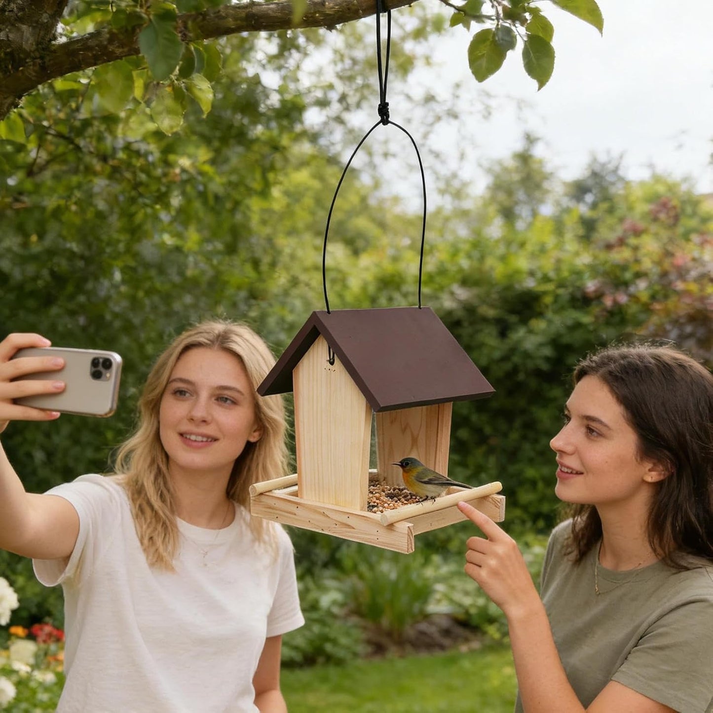 Standing Bird Feeder - Wooden Pole Design, Treat Bowl with Hanging Rope, Bird House with Stable Base, Garden Accessories, Feeding Station for Backyard Patio, 8.07 x 6.50 x 8.27 inch