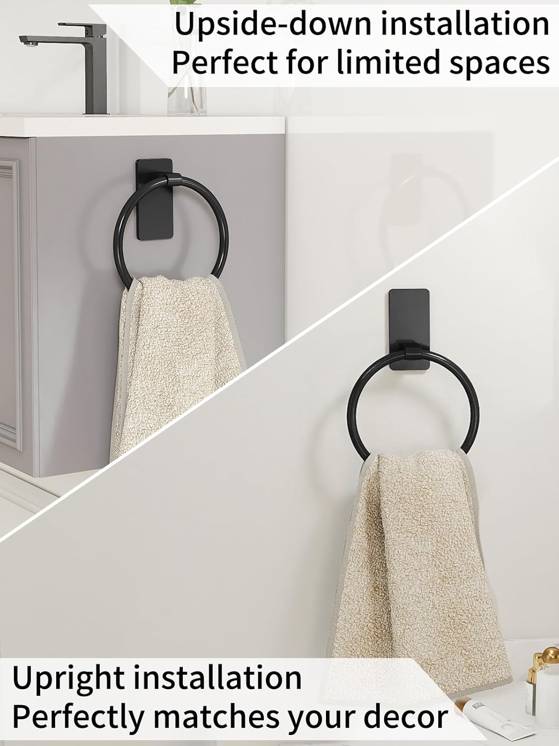 Adhesive Towel Ring, Hand Towel Holder for Bathroom, Adhesive Round Towel Ring for Bath RV, Black
