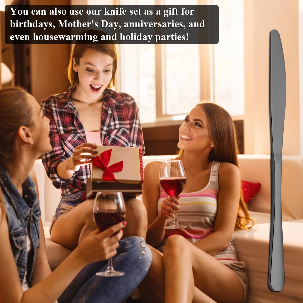 Evanda Black Dinner Knives 12 Pieces,Titanium Plating Black Stainless 