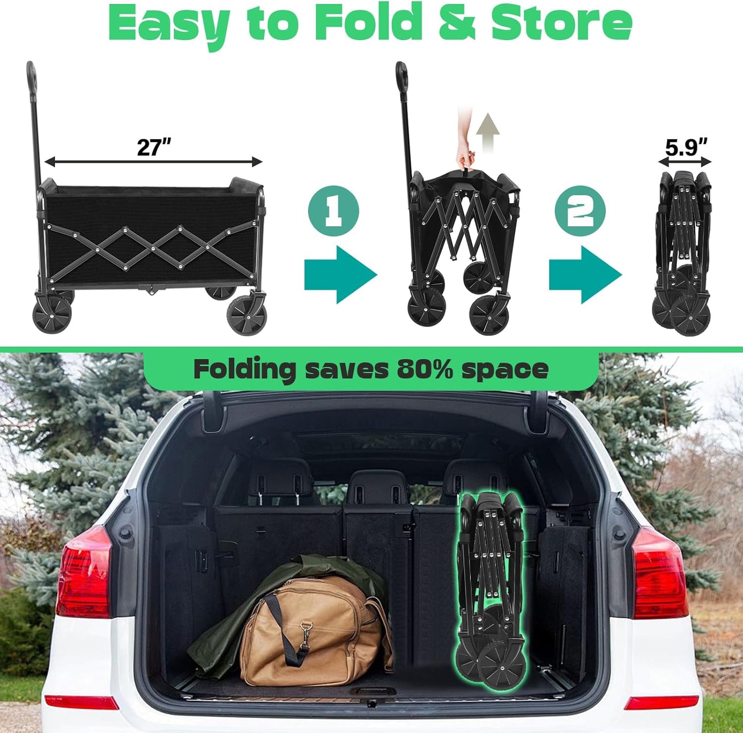 Collapsible Wagons carts Foldable Wagon, 280lbs Folding Wagon Cart with Wheels, Utility Camping Cart for Camping Picnic Grocery Sports Garden