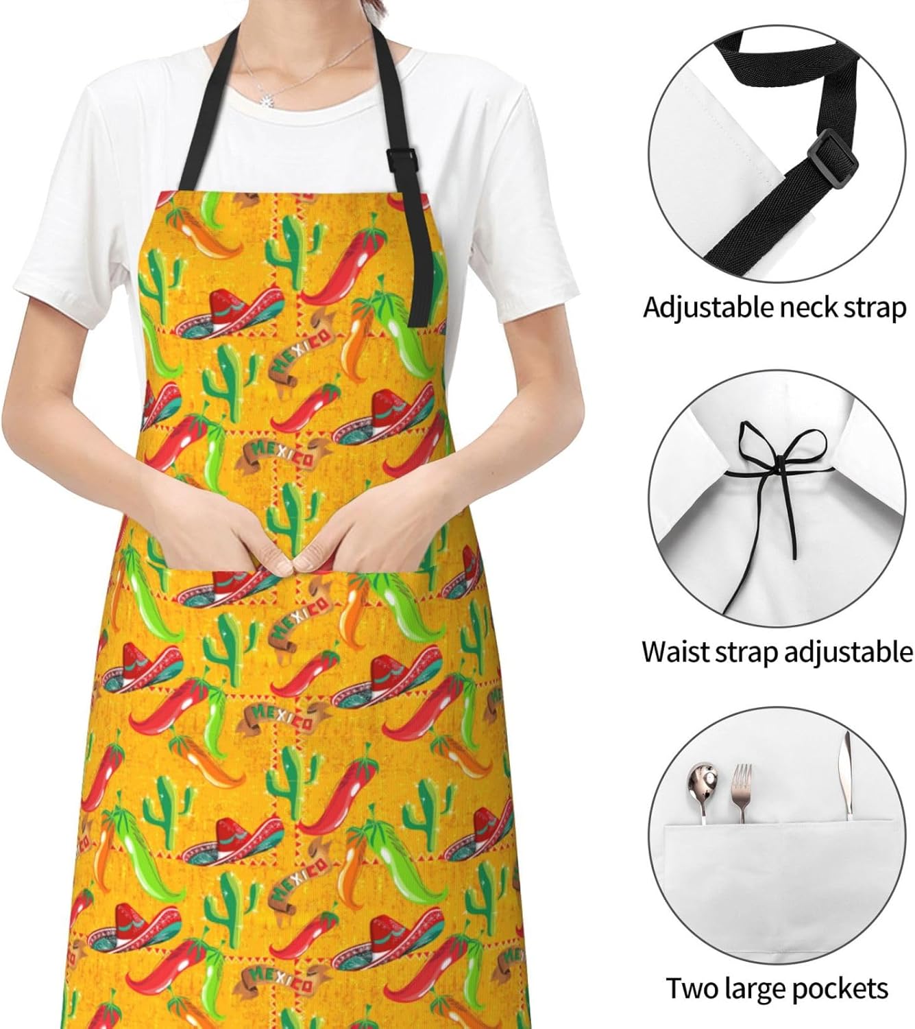 Cactus Hat and Chili Pepper print Waterproof apron with pocket adjusta