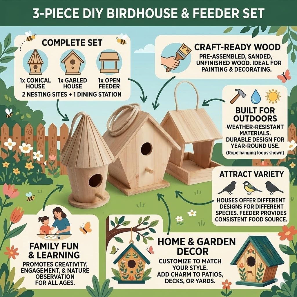 3-Piece DIY Birdhouse Set with Feeder – Includes 2 Wooden Bird Houses & 1 Bird Feeder, Large Paintable Craft Kit for Kids & Adults, Ideal for Home, Garden & Outdoor Decor