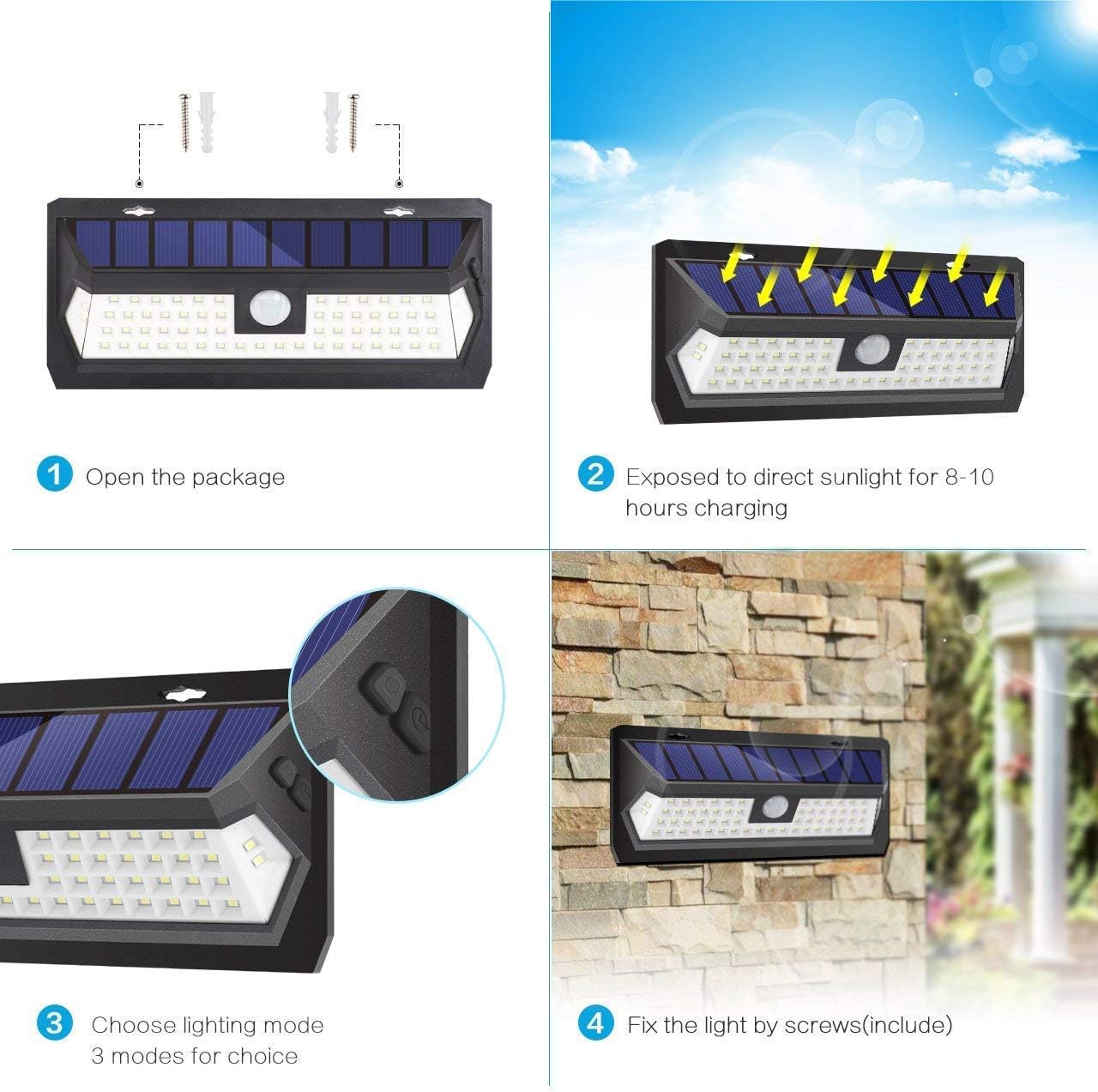 2pack 62LED Solar Light Garden 39ft Infrared Sensor 3 Lighting Mode Security IP65 Waterproof Outdoor Wall Street for Porch Garage Front Door