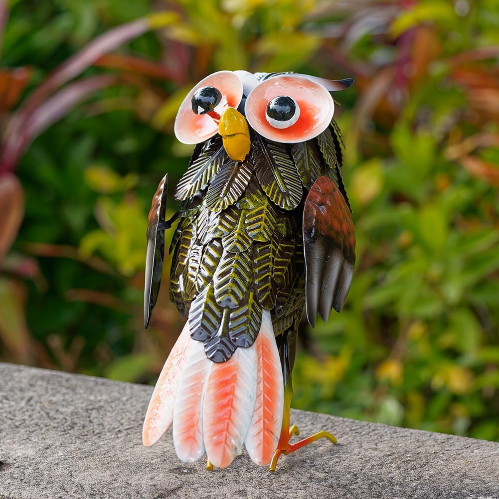 Metal Owl Garden Statue, 9'' Funny Owl Figurine Outdoor Yard Art Decor, Waterproof Owls Decor for Garden, Lawn, Backyard(Grey)