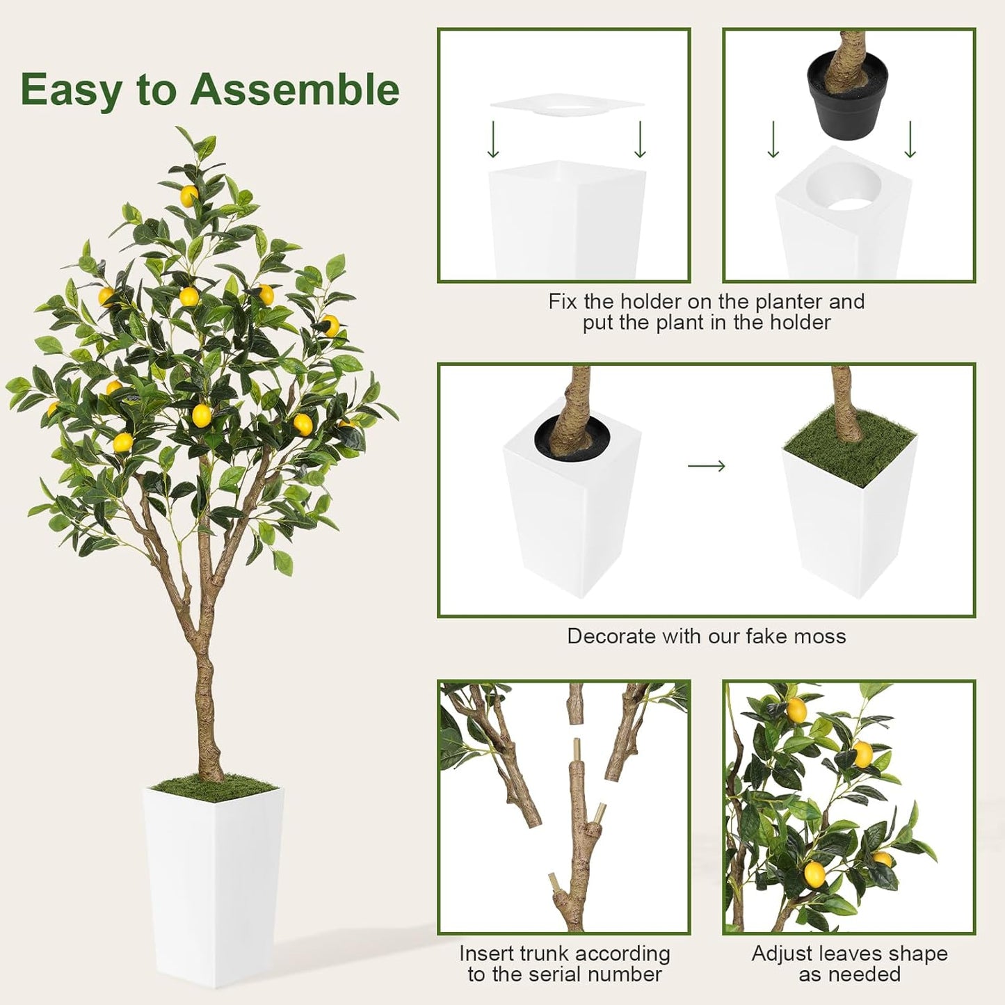 6FT Artificial Lemon Tree with Pot, Fake Lemon Tree with White Tall Planter, Faux Lemon Plant with Realistic Fruits and Silk Leaves, Artificial Plants Indoor for Home Office Kitchen Decor
