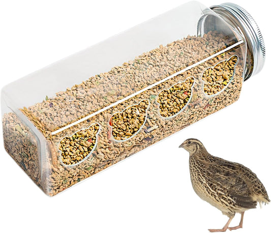 Quail Feeder - Clear No Bird Feeding Bottle | Portable Cage Feeder with 4 Bear Shaped Feeding Ports, Transparent Container, Spill Reducing Design & Easy Refill System for Quail Parrots Budgies Fi