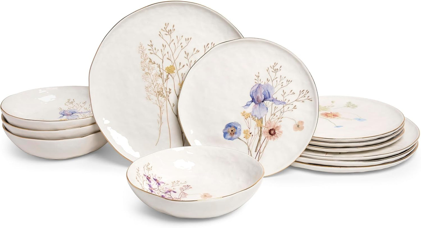Sango 12-Piece Luxury Porcelain Dinnerware Set for 4- Glossy White Pla