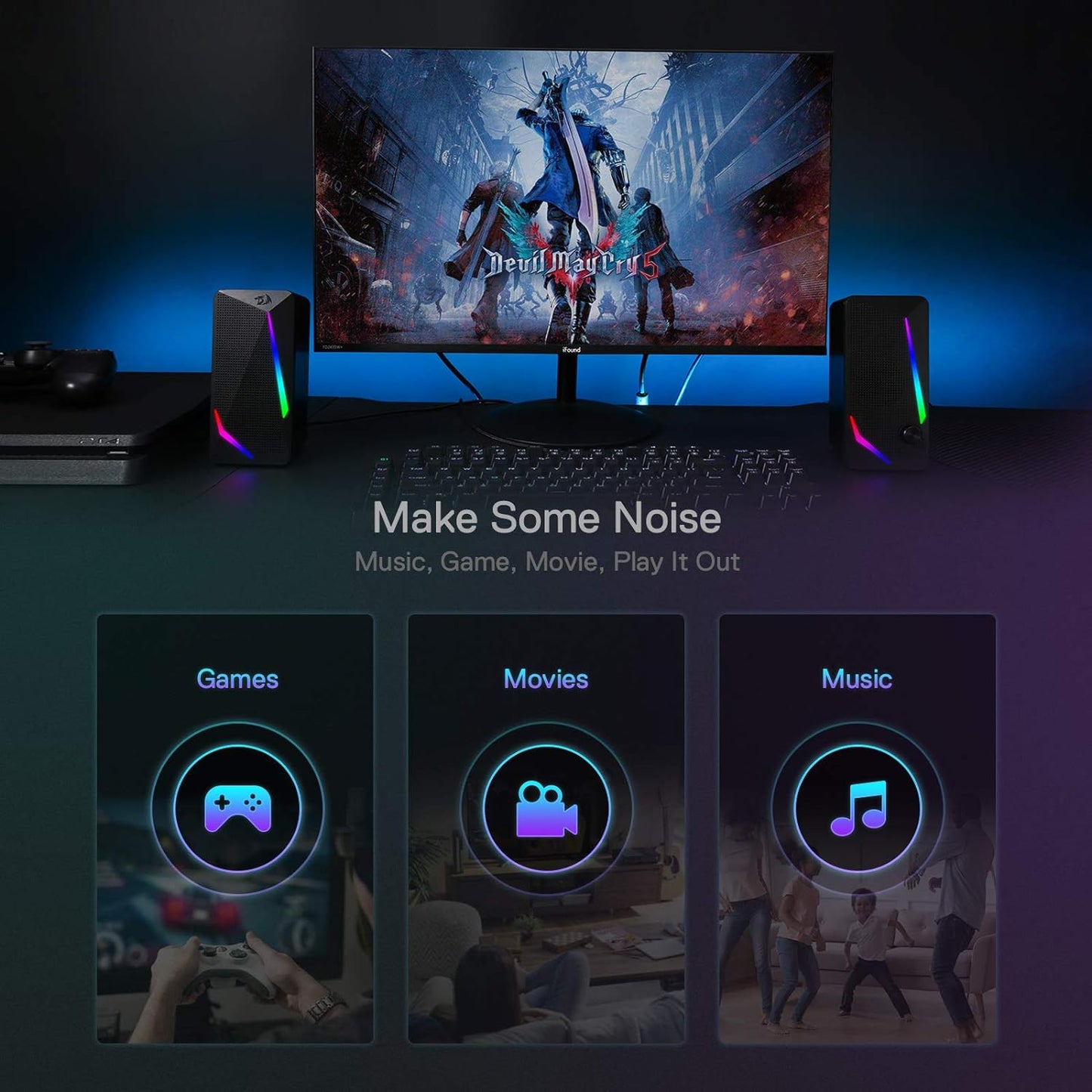 Redragon GS510 RGB Desktop Speakers, 2.0 Channel PC Computer Speaker w