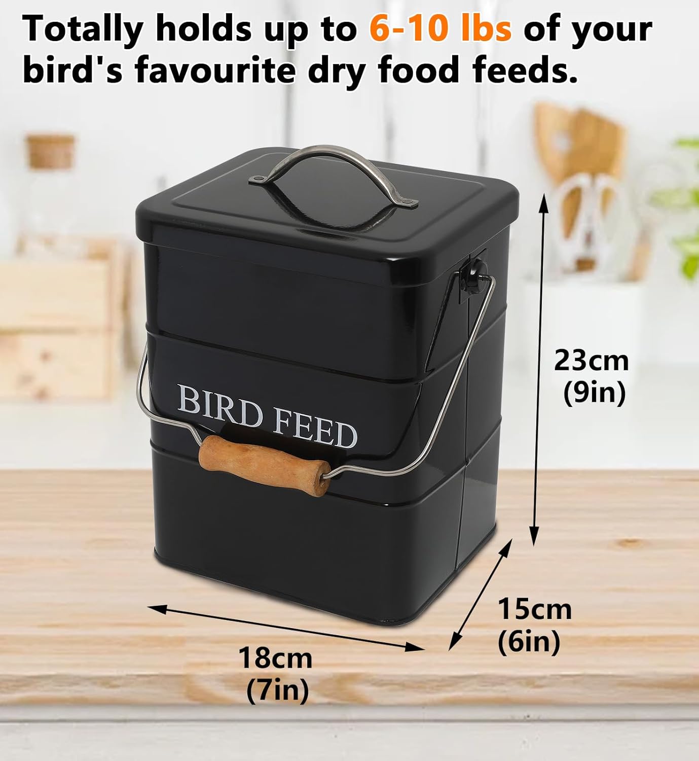 Morezi Bird seed and feed storage tin with lid Included - white-coated carbon steel - tight fitting lids - storage canister tins - Black