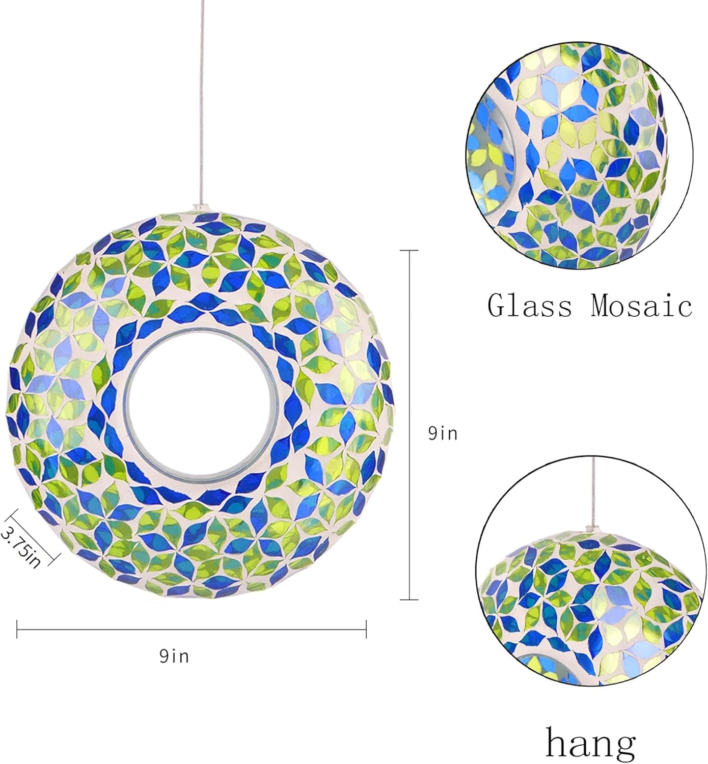 9-Inch Wild Bird Feeder Fly Through Garden Hanging Bird Feeder-Mosaic Round Shape Wild Birdfeeder for Outdoor Decoration, Blue and Green Flower