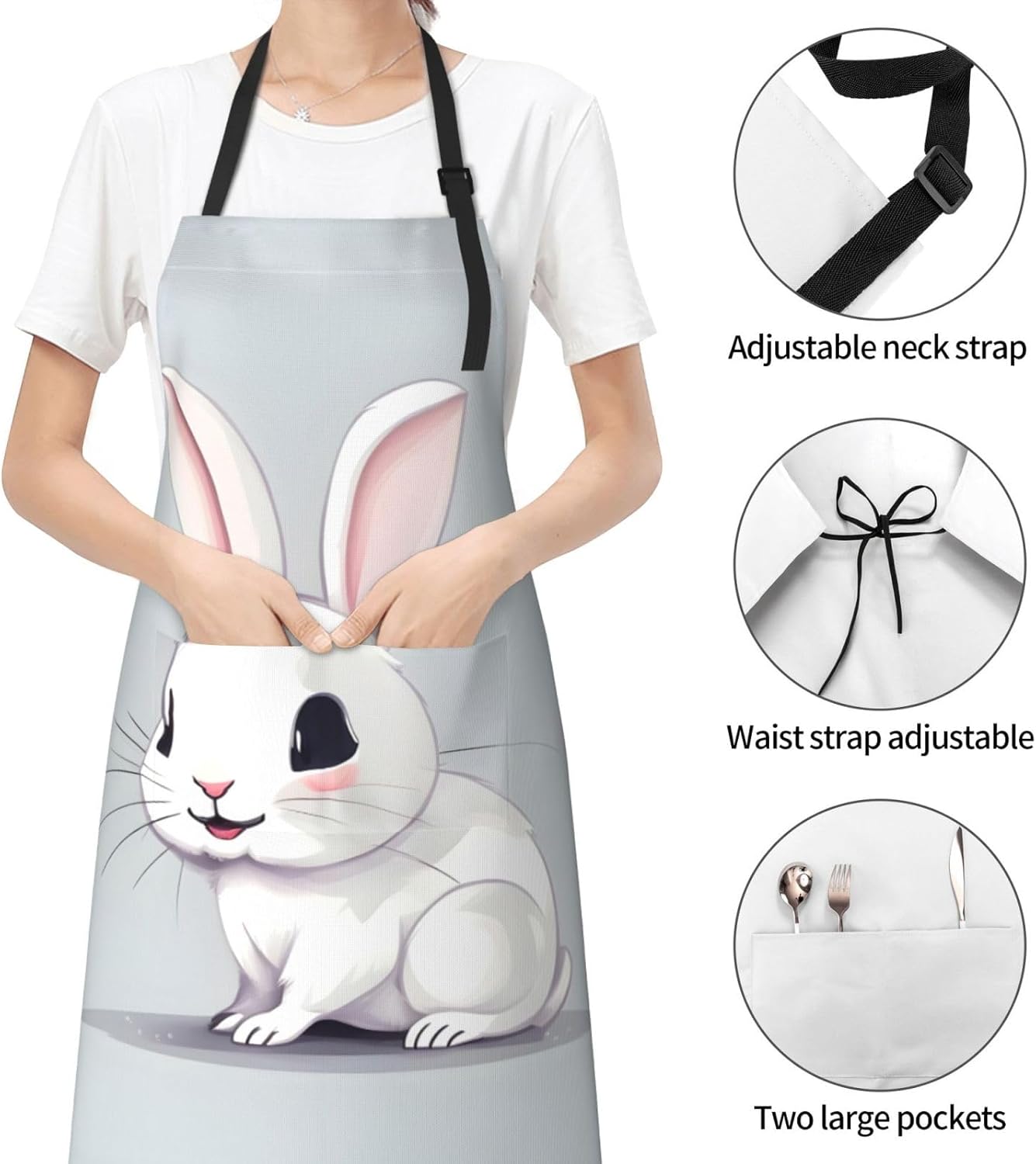 Cute White Rabbit Print Laundry apron 28x33 In Waterproof Kitchen Apron with Pockets for Cooking Baking
