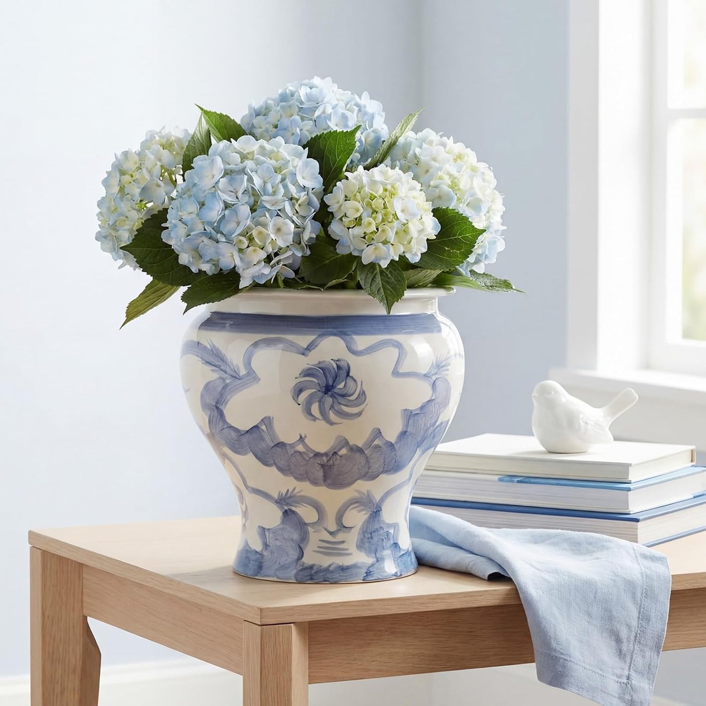 12'' Ceramic Blue and White Planter Large Chinoiserie Vase Plant Pot Indoor Porcelain Flower Pot Urn Scroll Vase with Drainage Hole Chinese Oriental Decorative Gift for Gardening Home