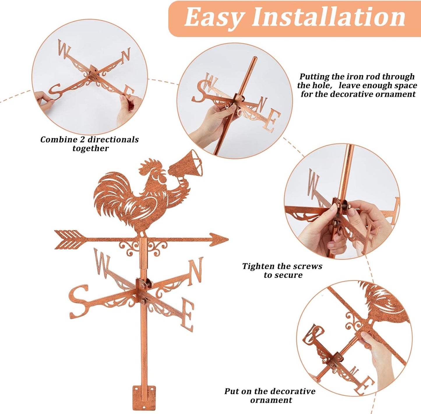 SUPERDANT Rooster Trumpet Weather Vane Animal Wind Vanes for Yard Metal Weathervane Roof Mount for Gardens Outside Reddish Copper Weathervanes Farmhouse Farm Barn Sheds Patio Decorations