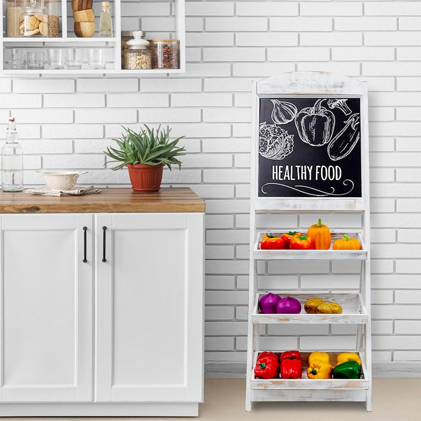 MyGift Shabby Whitewashed Wood Freestanding Chalkboard Easel with 3-Tiered Display Shelves, Decorative Chalkboard Plant Shelf Stand
