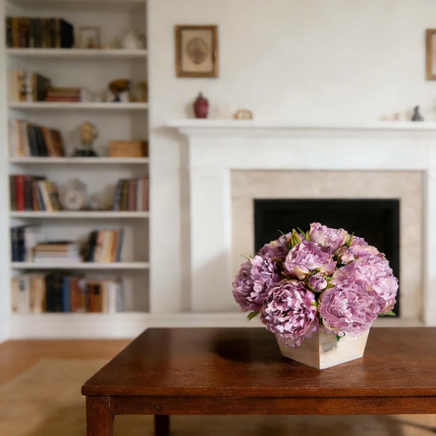 Peonies Artificial Flowers with Wood Pot, 12Pcs Pink Silk Flower Home Decor, Centerpieces for Tables, Floral Bulk with Planter, Lifelike Peony for Windows Office Dinning Room Bookshelves