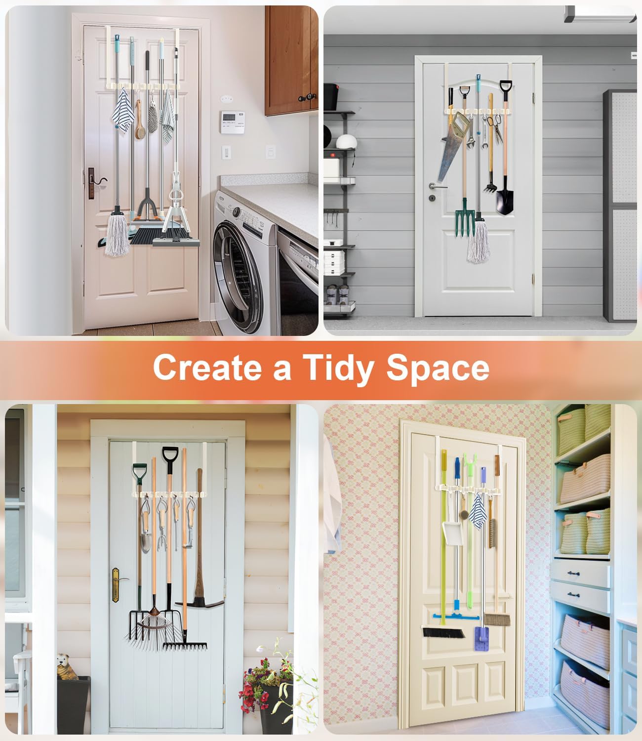 Broom Holder Over The Door Drilling Free Mop and Broom Holder with 4 Over Door Hook, Metal Mop and broom hanger Wall Mount Broom Storage Tool Organizer for Laundry Room Garage Bathroom - light beige