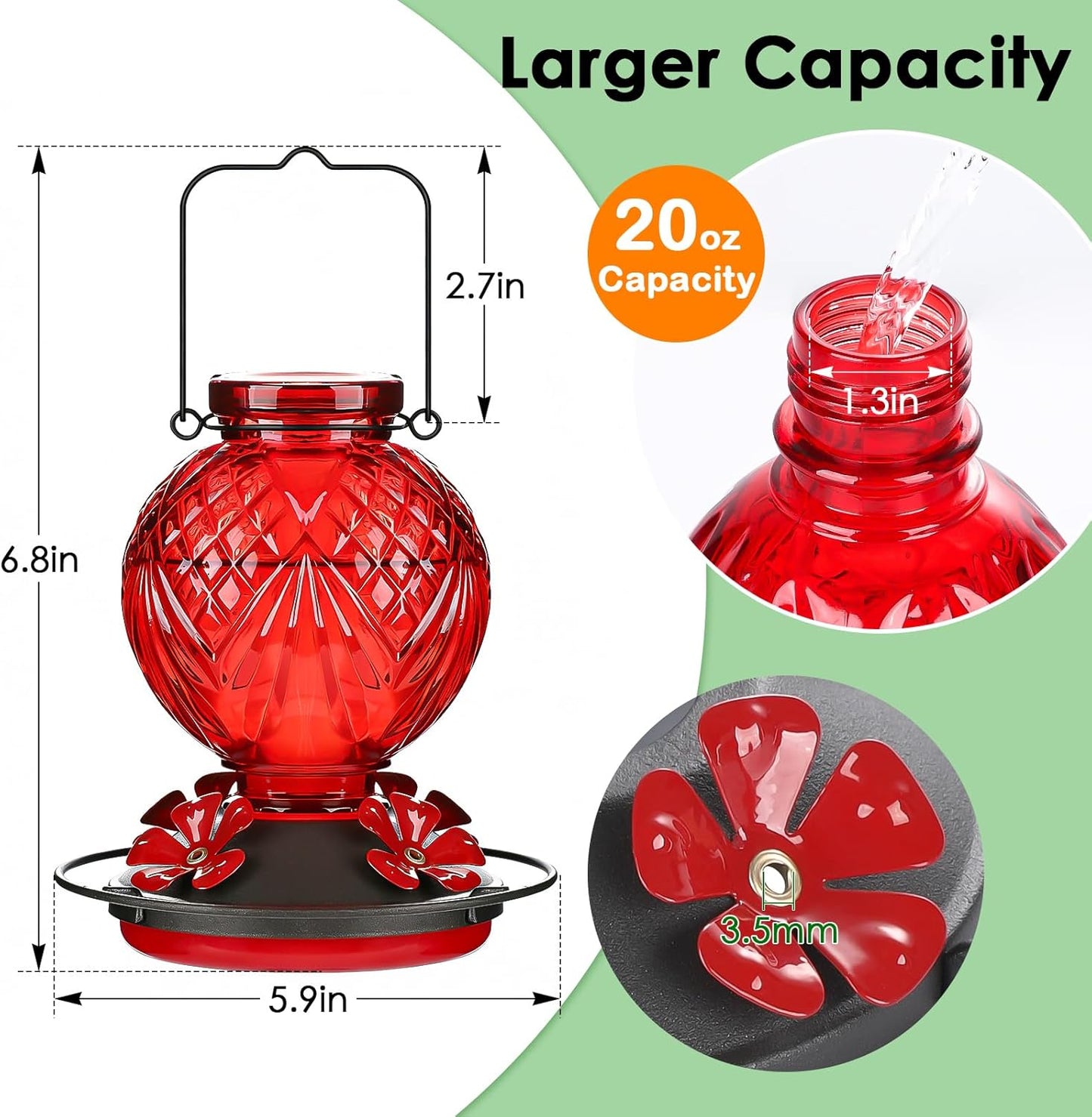 Glass Hummingbird Feeder for Outdoors Hanging, 20oz Bird Nectar Feeder