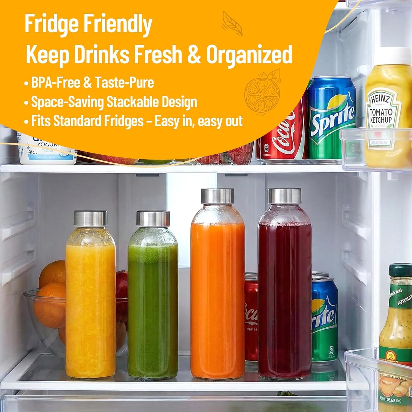 Clear Glass Bottles with Lids 18 oz, Reusable Glass Water Bottles with Stainless Steel Cap for Refrigerator, Juicing, 100% Leak Proof, BPA Free, Juice Bottle Drinking Jar Containers Set of 6