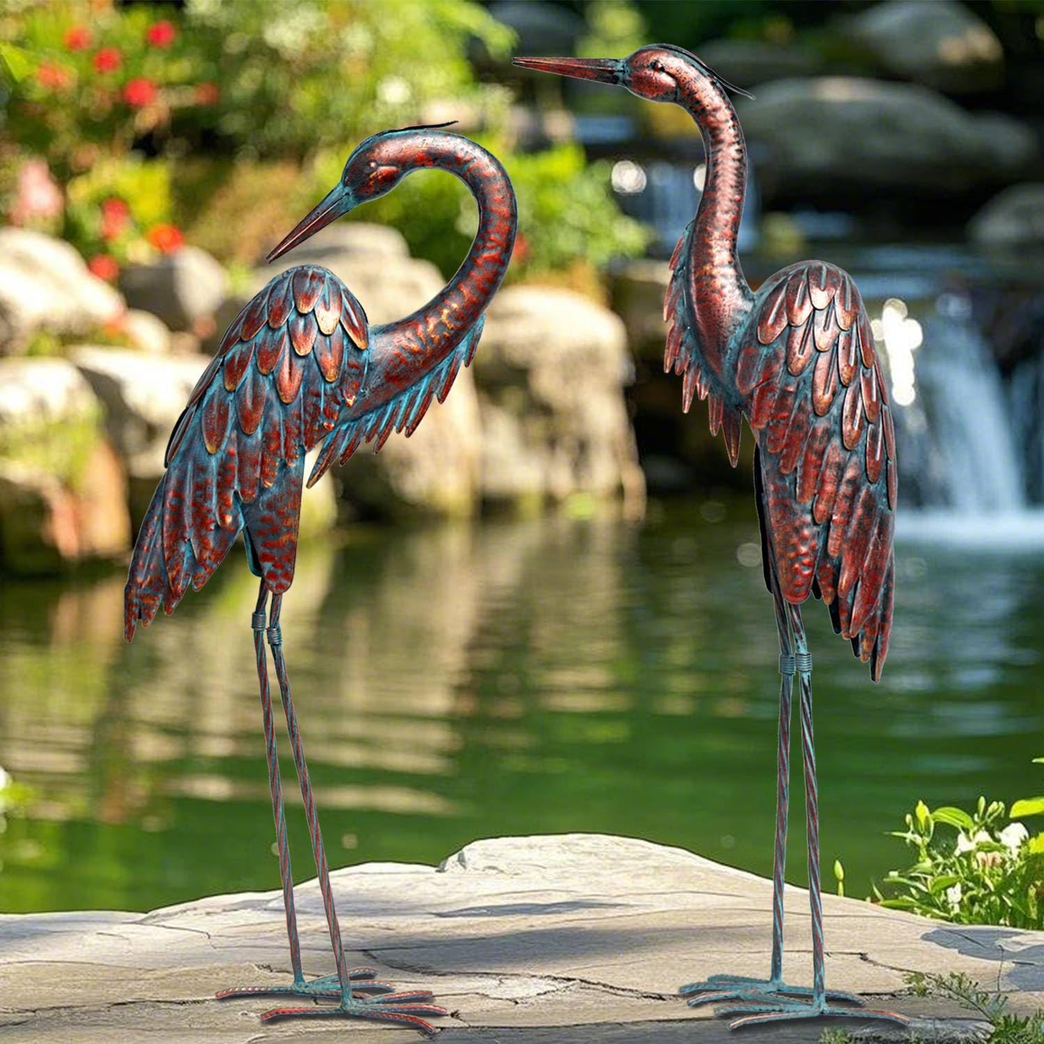 Kircust Metal Crane Statues - Set of 2 Bronze Heron Sculptures for Gar
