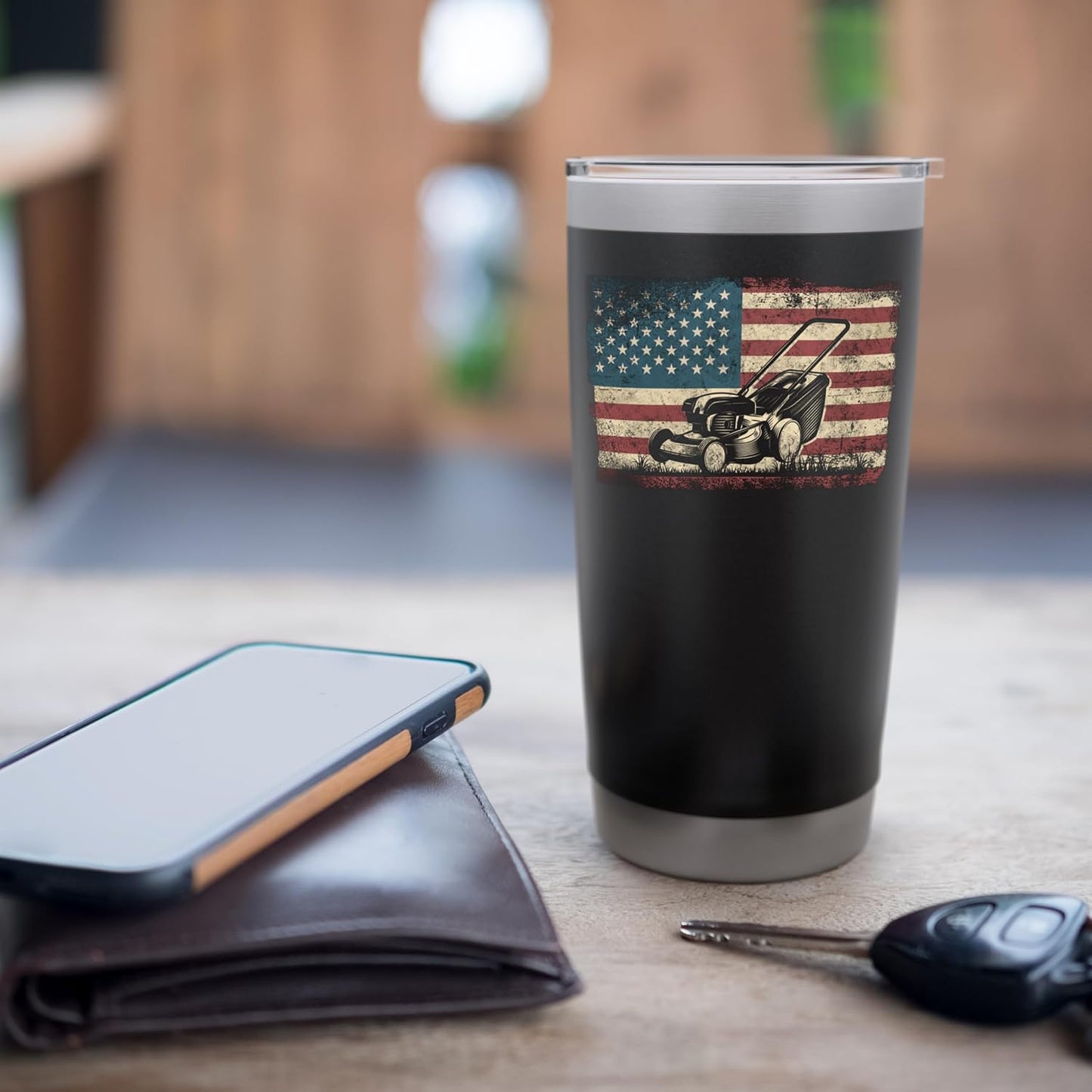 Lawn Mower Mowing Dad Father Landscaper Usa American Flag Stainless Steel Insulated Tumbler