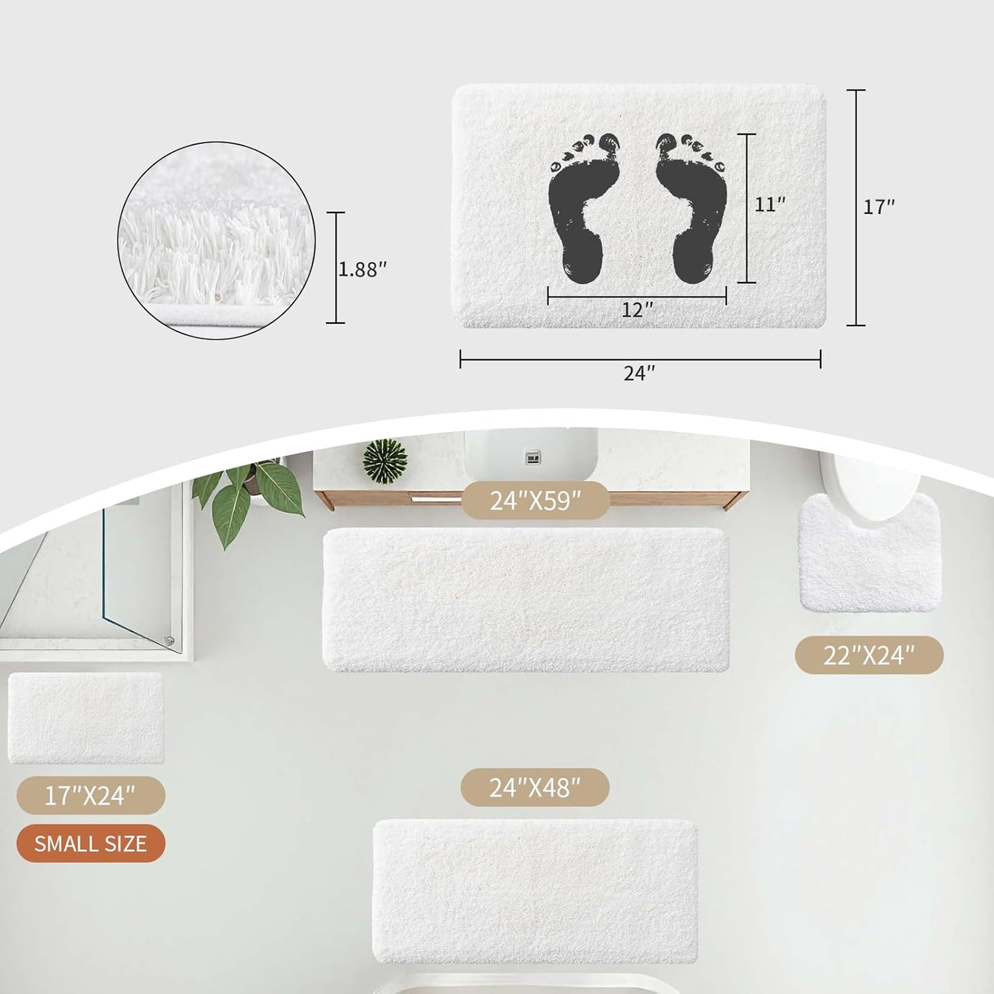 White Bathroom Rug 17x24 - Non-Slip Plush Small Bath Mat, Highly Absorbent & Ultra Soft Fluffy Floor Mat, Machine Washable for Shower and Tub