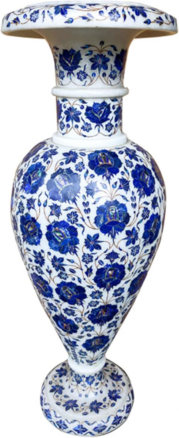 Gemstone Inlay Flower Vase I Indoor Vase for Table Decor I Handmade Plant Stand I Giftable Plant Pot I Elegant Marble Planterette I 18 Inches Marble Plant Vase I Marble Flower Pot