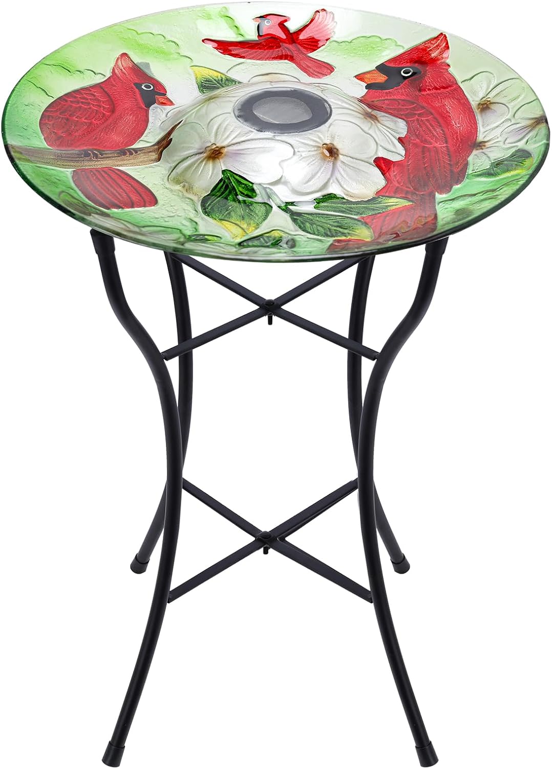 MUMTOP Glass Bird Baths for Outside, 16 Inch Width Outdoor Garden Red Cardinals Bird Bath Bowl with Solar Light and Metal Stand, Large Glass Birdbaths Bird Feeder for Yard Decor, 20 Inch Height