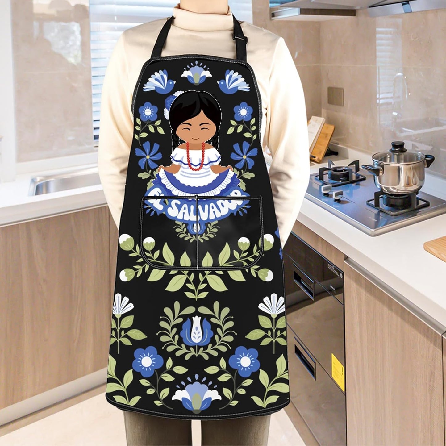 WCGXKO El Salvador Inspired Kitchen Apron Salvadoran Floral Artwork Gift El Salvador Flower Merch