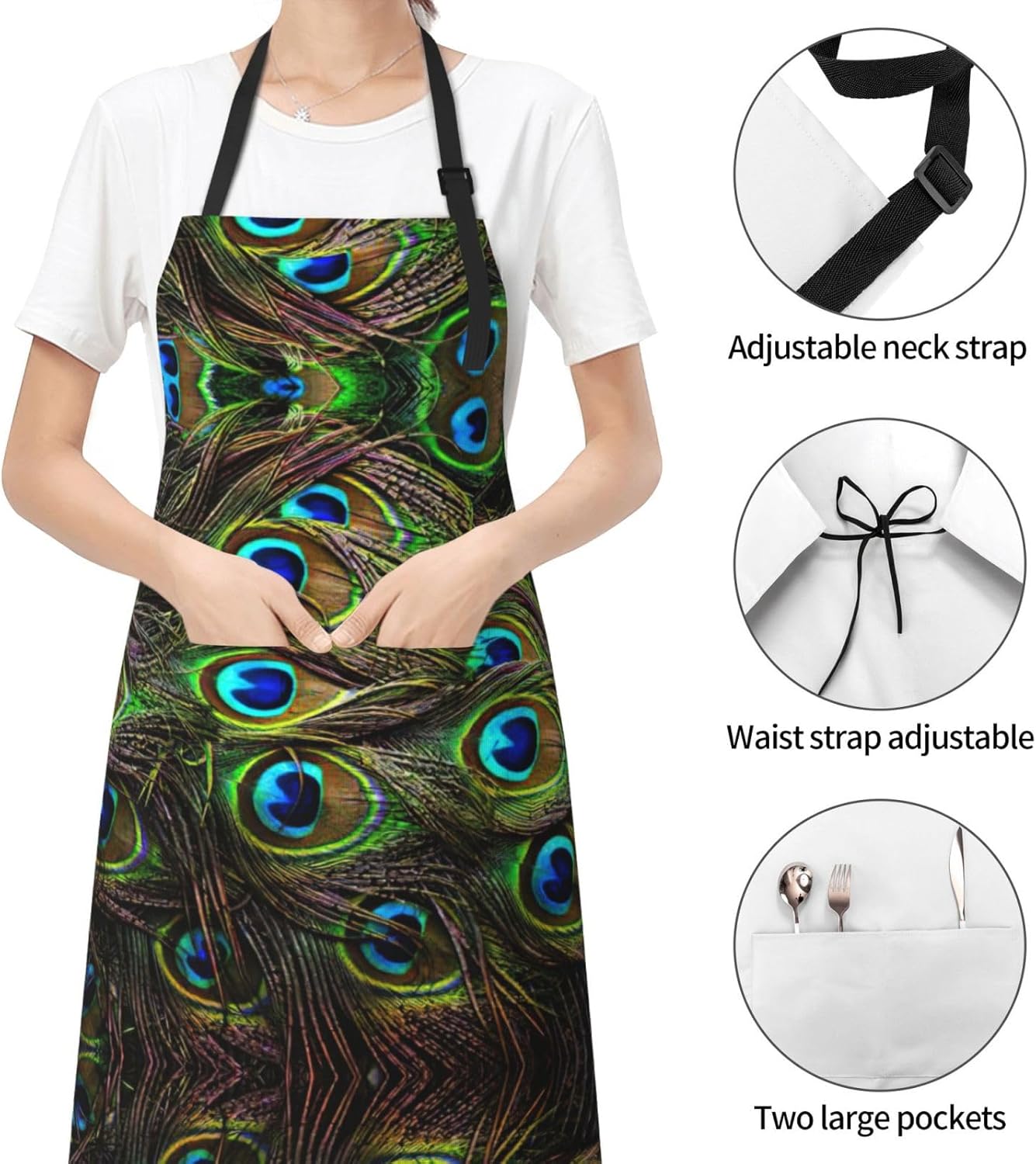 Peacock Feather Print 28x33 In Adult Kitchen Apron with Pockets Versatile Chef Smock for Cooking Baking