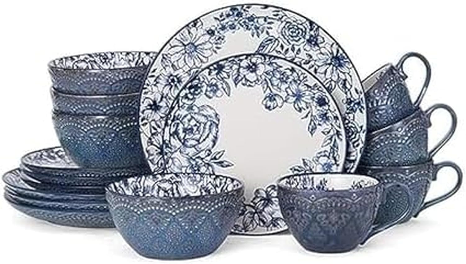 Pfaltzgraff Gabriela Blue 16-Piece Dinnerware Set, Service for 4, Dura