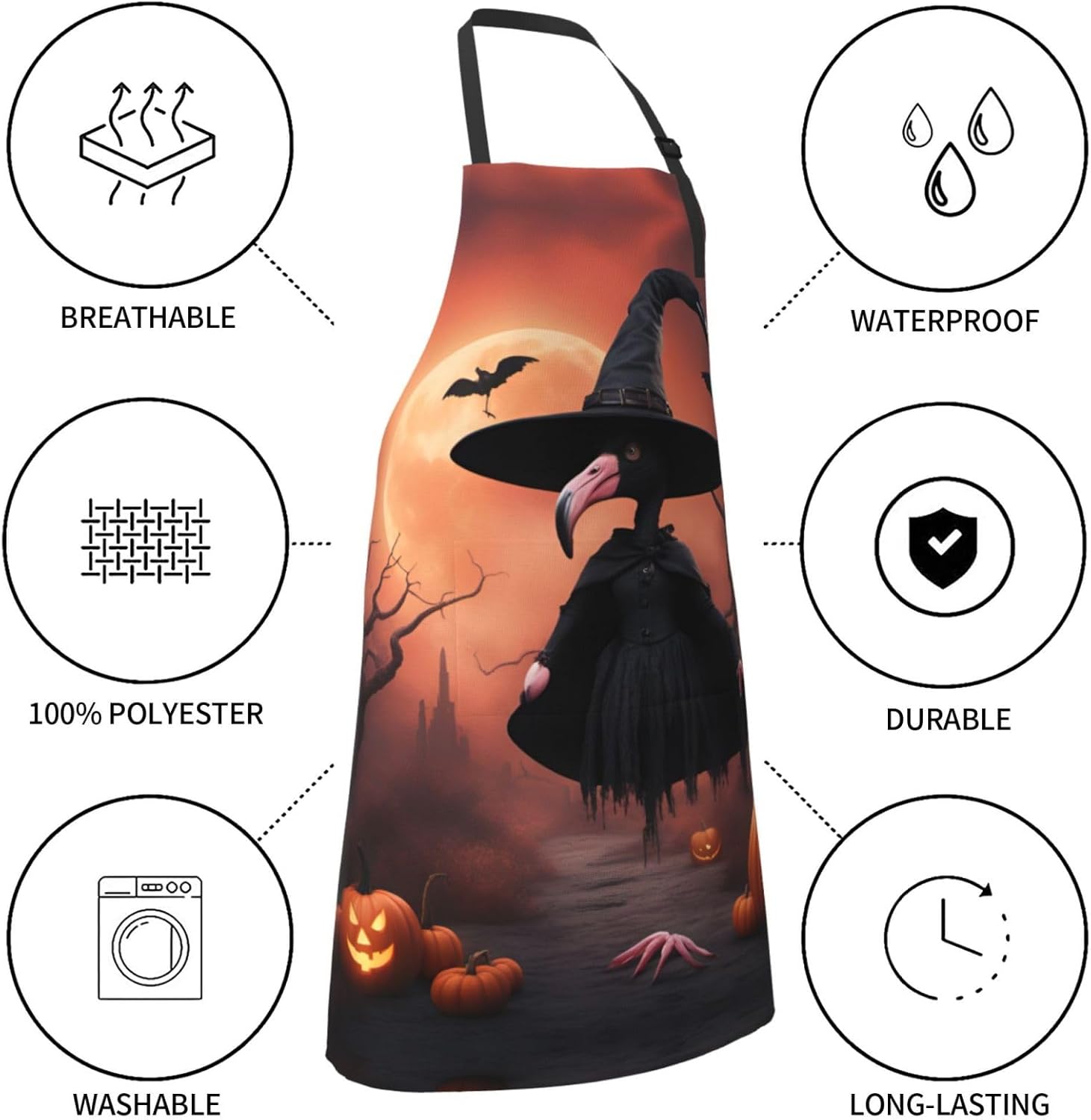 Halloween Flamingo Witch Hat print Waterproof chef's apron with pocket
