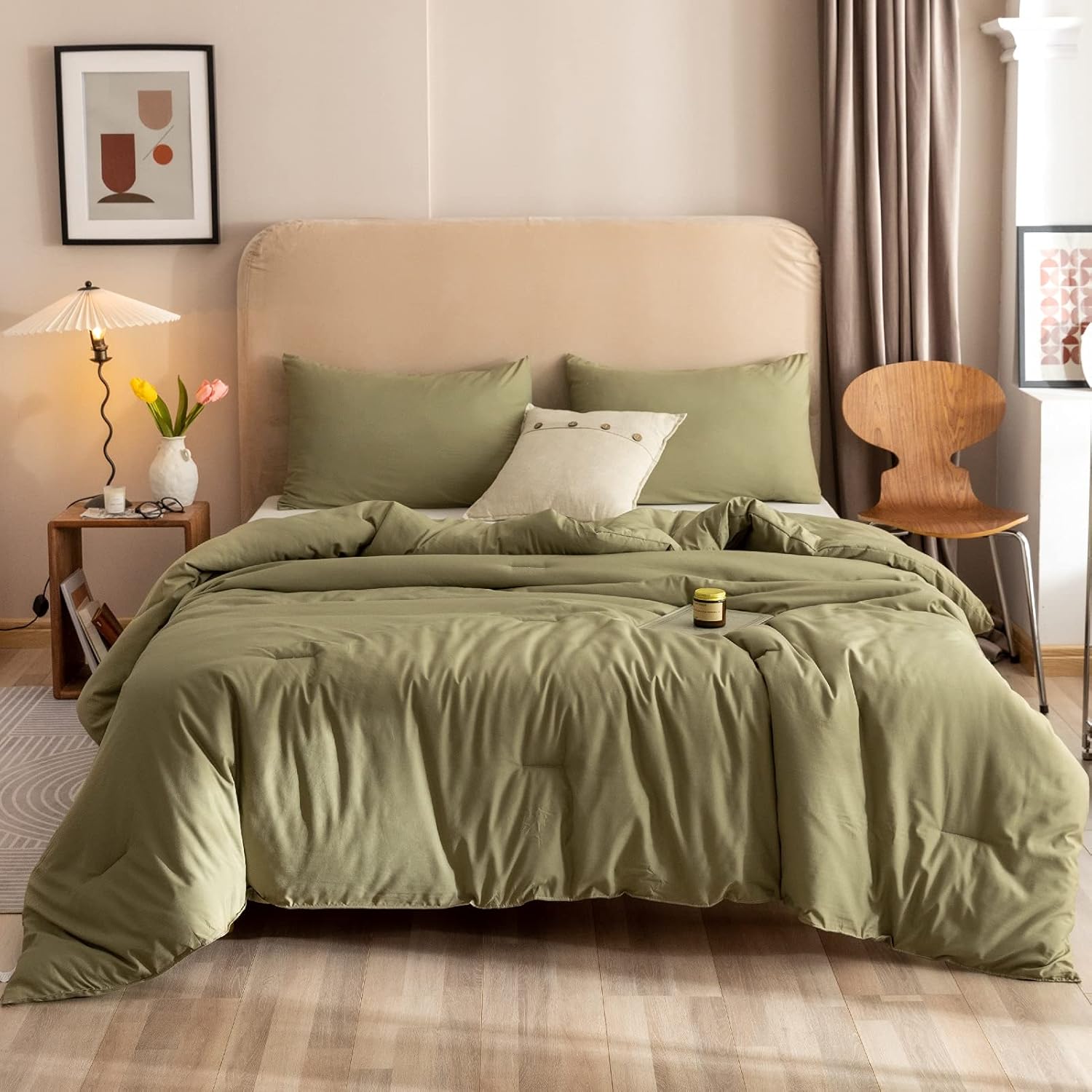 ROSGONIA Queen Comforter Set Olive Green, 3pcs Bedding Sets Queen (1 B