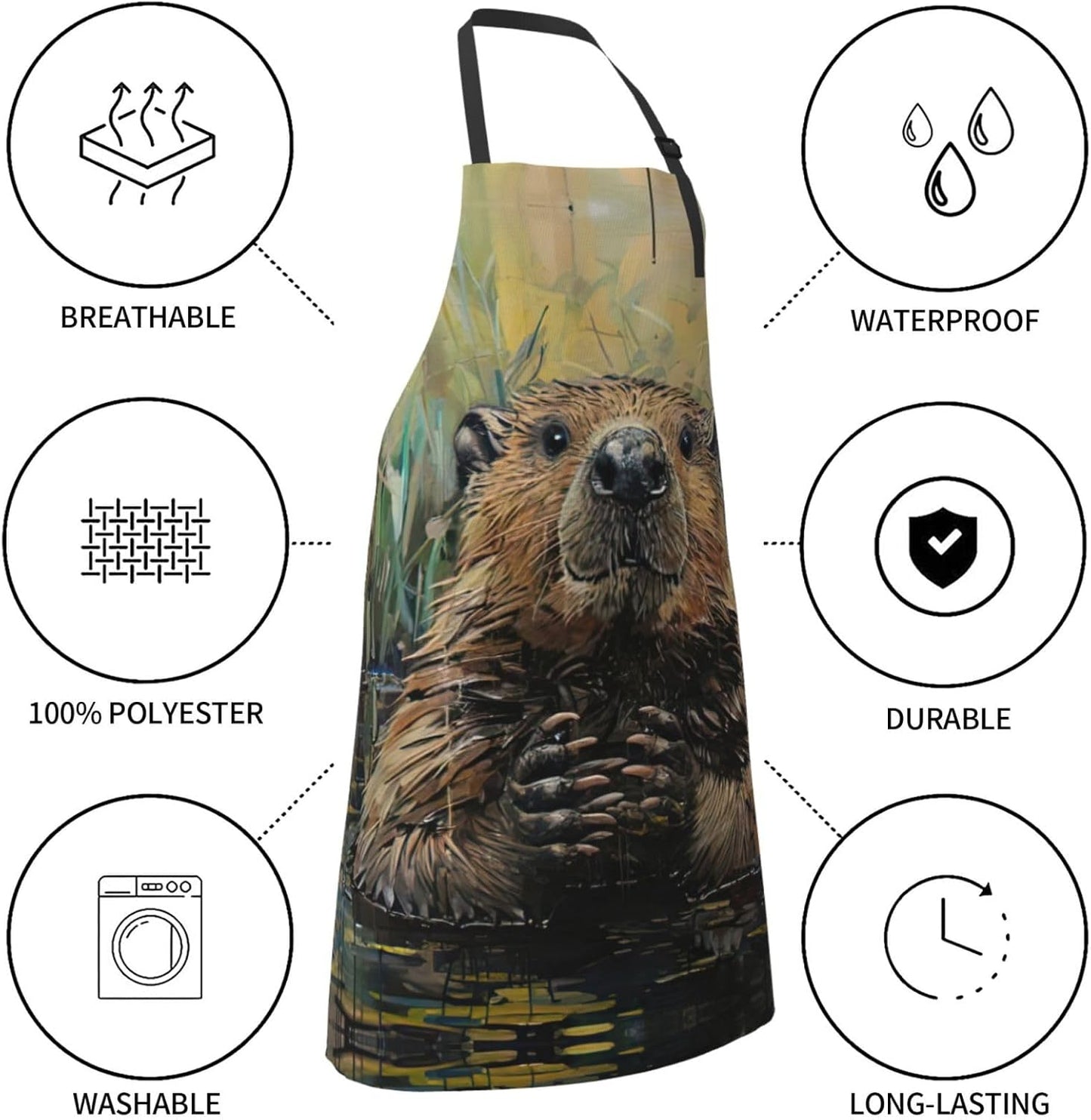 Beaver Print Laundry apron 28x33 In Waterproof Kitchen Apron with Pockets for Cooking Baking