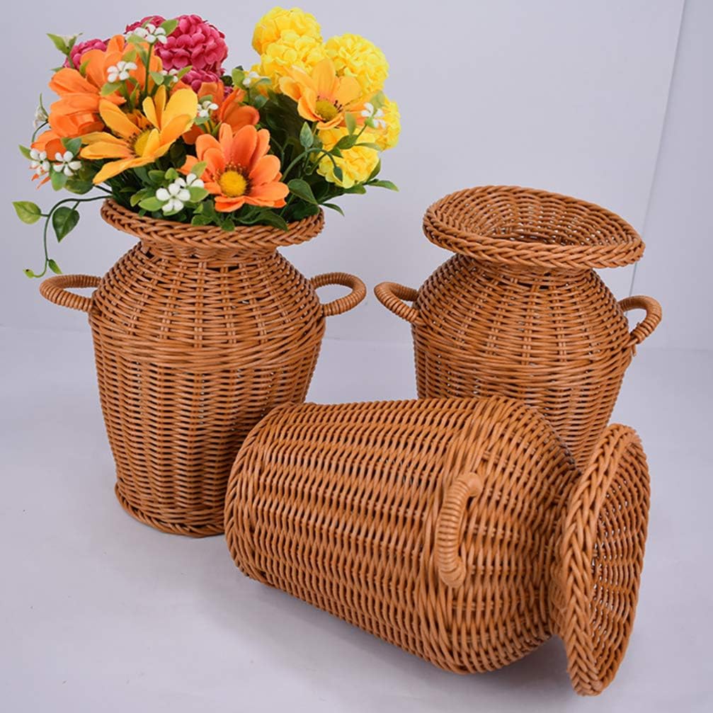 Cabilock Light Brown Plastic Modern Vase, Handmade Rattan Cover, Farmhouse Decor, Multipurpose Floral Holder, Tabletop Decorative Pot, Gift Set for Women