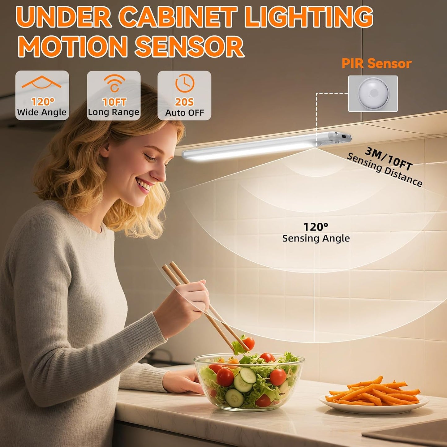 Under Cabinet Lighting Wireless, Rechargeable Motion Sensor Light Indoor, 3 Color Dimmable Closet Light Battery Operated with LED Power Display, Magnetic Under Counter Lights for Kitchen, Home (3Pack)