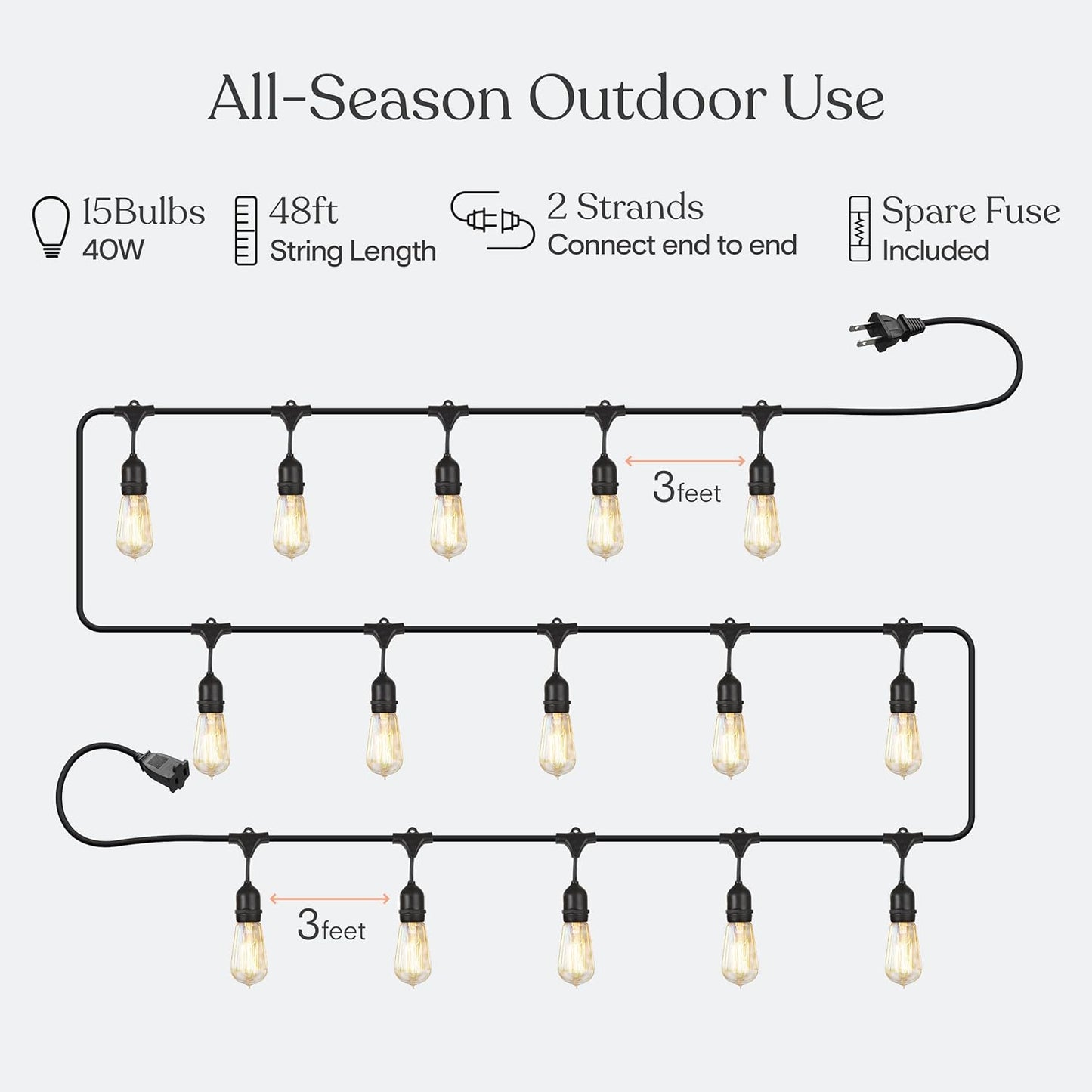 Brightech Ambience Pro Incandescent Outdoor String Lights - 48 Ft Dimmable Patio Light - 40W Commercial Waterproof Porch String Lights for Outside, Backyard - 15 Vintage Filament Bulbs, Warm White