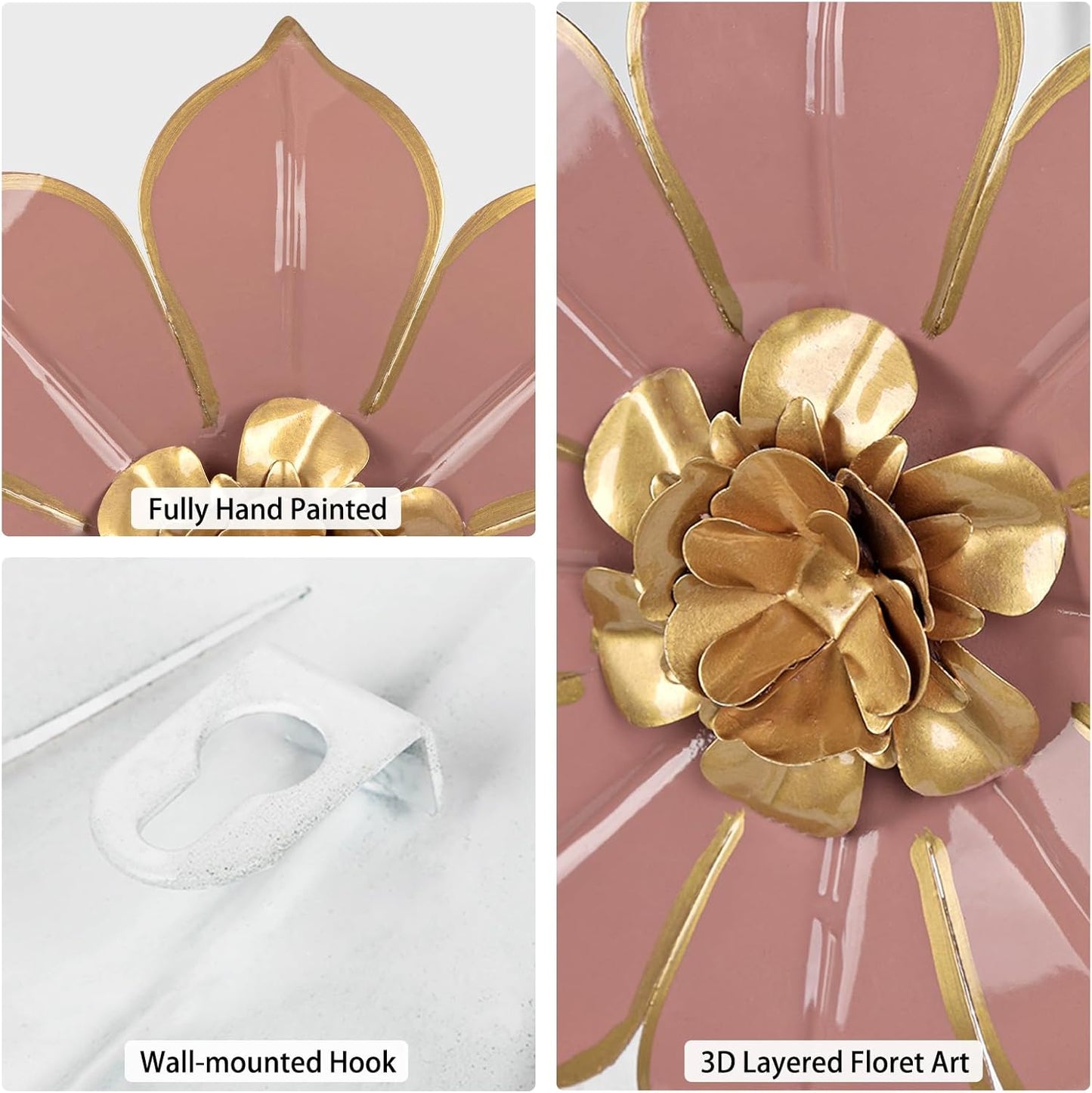 Metal Flowers Wall Decor Set of 3, Pink Metal Flower Wall Art Decor for Inoor & Outdoor Use, 3D Vintage & Modern Pink Walls Arts for Bathroom, Living Room, Bedroom, Garden, Patio, Porch, Office, 10"