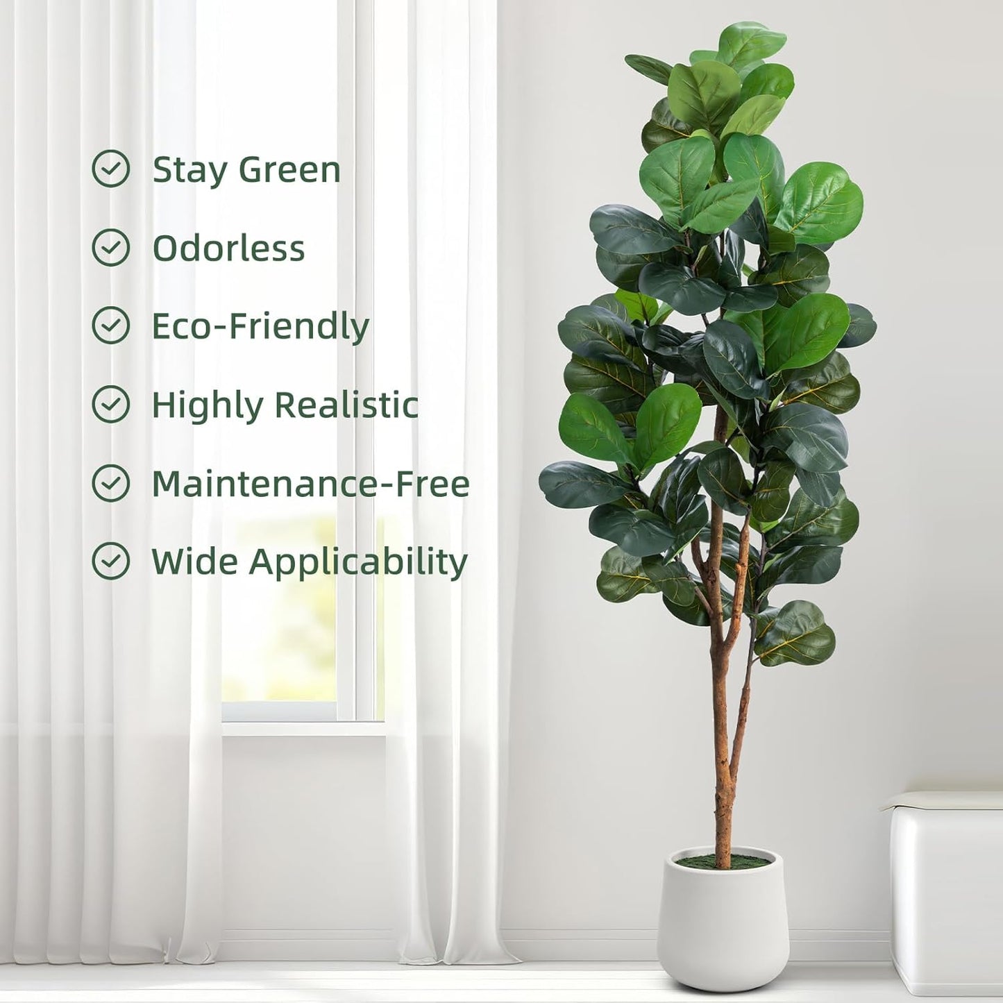 6ft Artificial Fiddle Leaf Fig Tree with LED Fairy Lights & White Planter - Lifelike Faux Ficus Lyrata Plant in Pot with Natural Trunk for Home Office Living Room Bathroom Corner Decor Indoor Outdoor