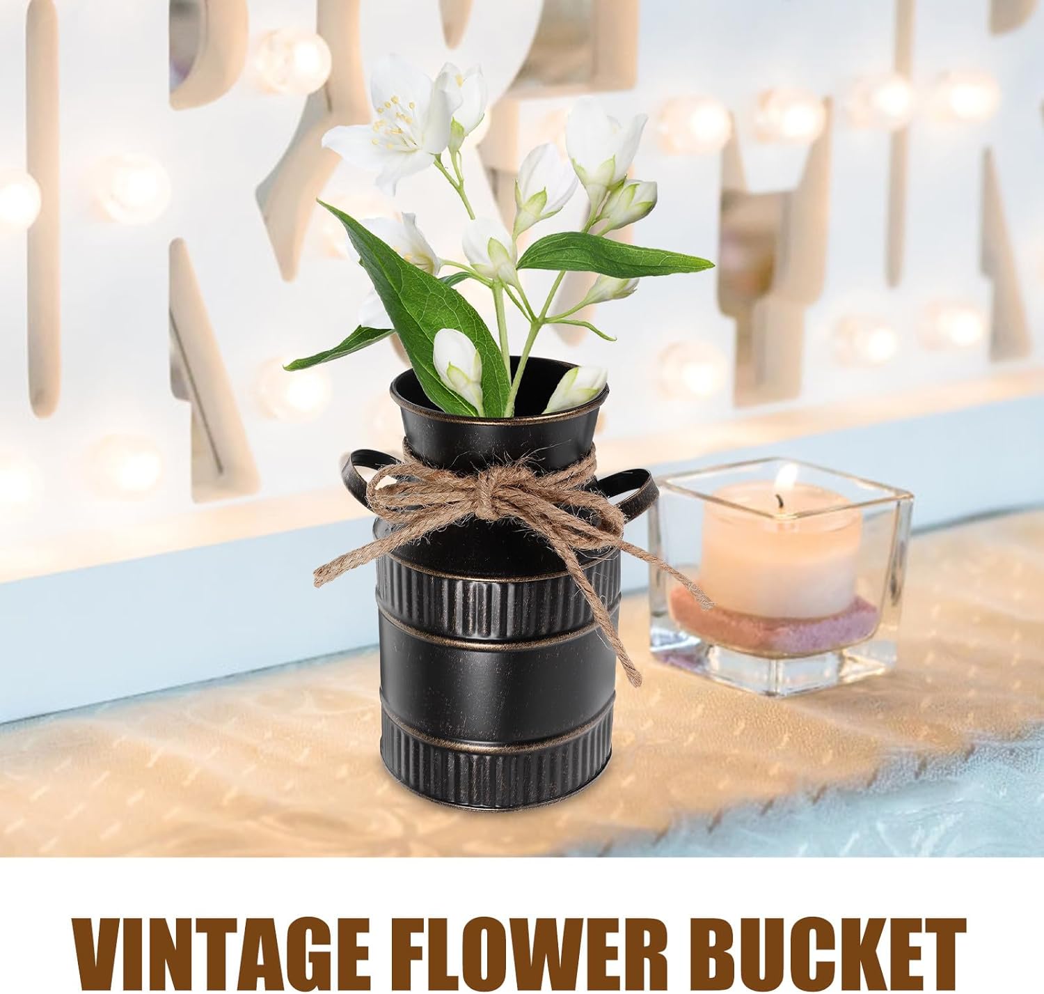 BESTOYARD Retro Iron Bucket Flower Vase Handle, Rustic Metal Milk Jug 