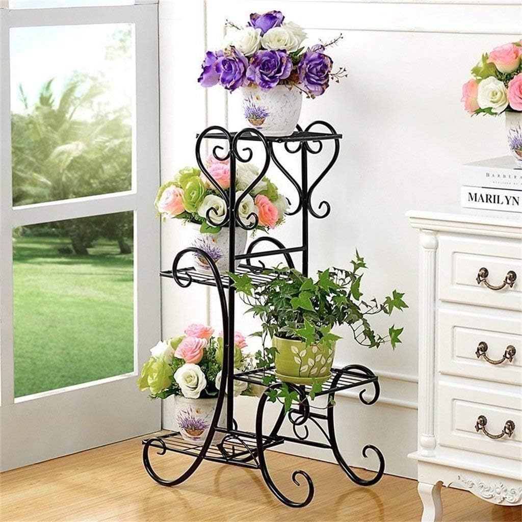 JF-Xuan Flower Stand Plant Stand 4 Tier Metal Plant Pot Stand Outdoor Elegant Raised Herb Floor Flower Display Rack Shelf with 4 Pots Holders Indoor Home Garden Patio Decor