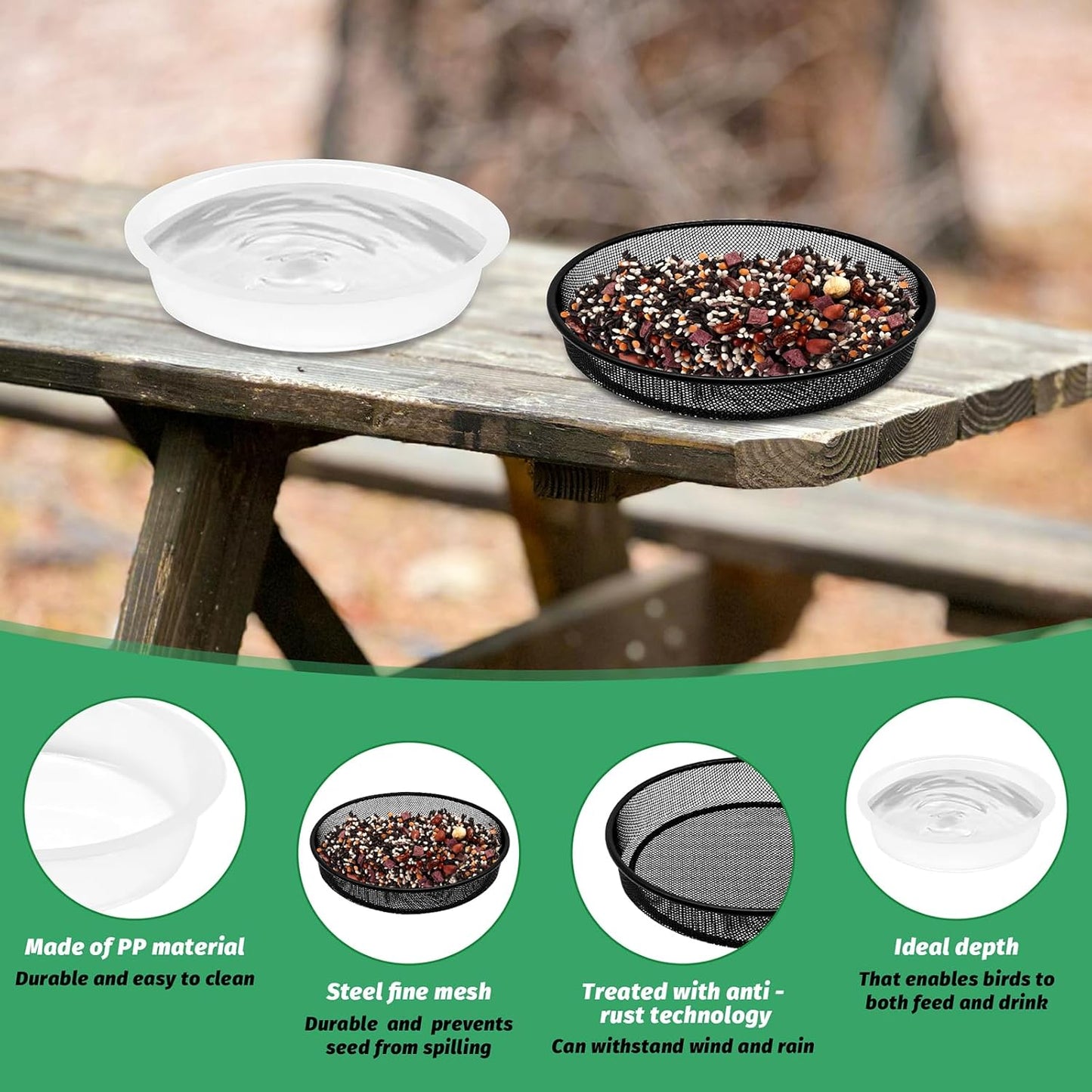4 Pcs 7 Inch Metal Round Bird Feeder Tray and Plastic Bird Bath Bowl, Wild Birds Seed Tray Bath Water Bowl Outdoor Accessory for Humming Feeder Station (4)