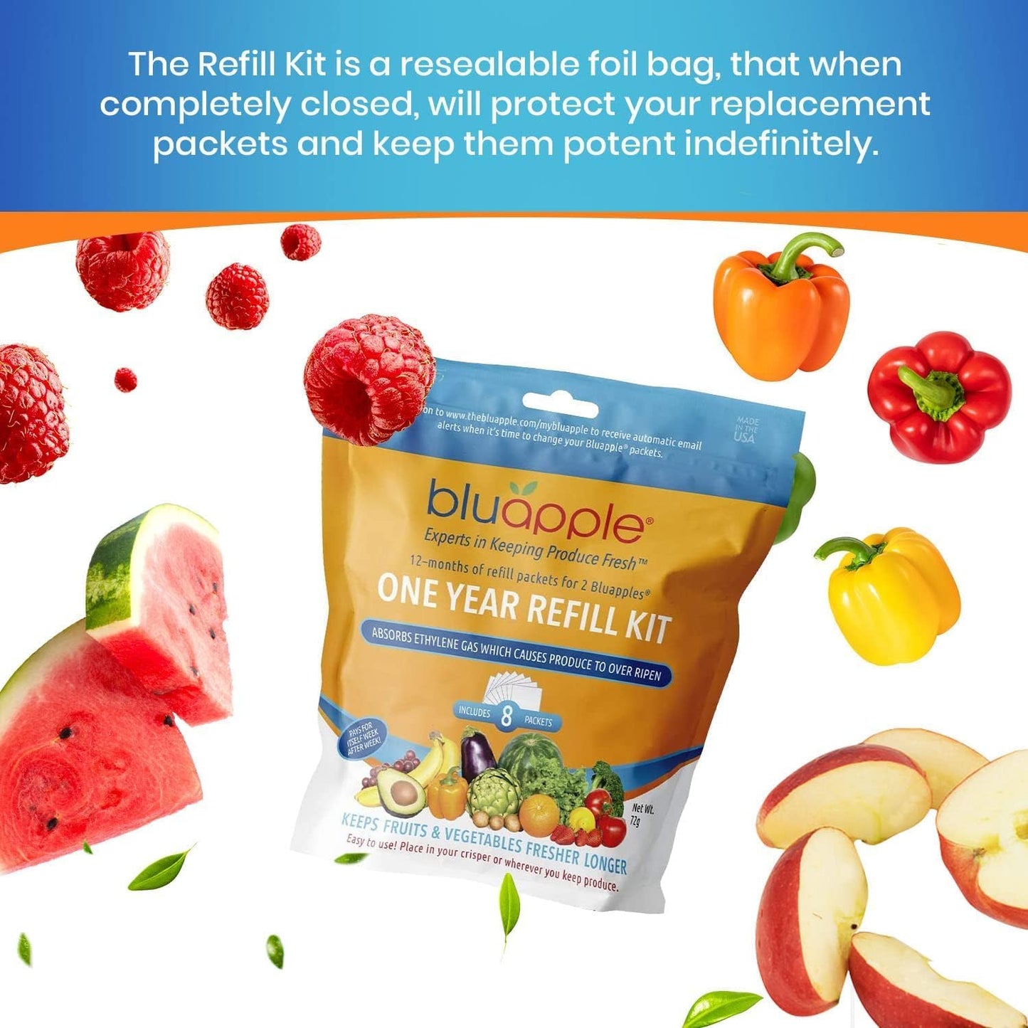 Bluapple Produce Saver Ethylene Gas Absorber - Fresh Fruit & Vegetable Storage, Food Savers for Refrigerator, 8 Packets (9g each), Each Packet Lasts 3 Months, Kitchen Must Haves, USA Made - Refill Kit