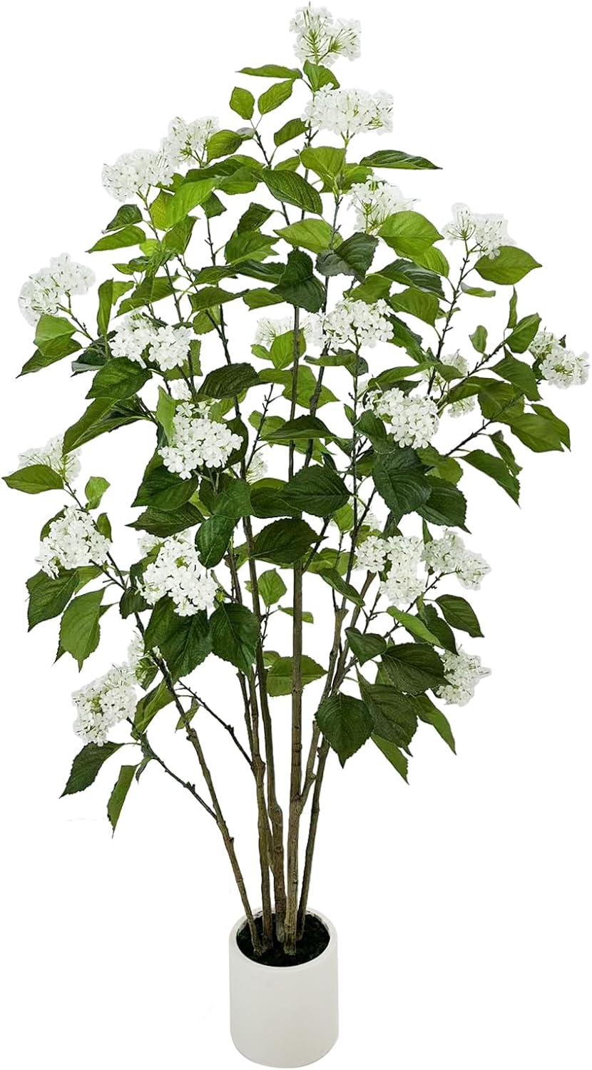 6FT Artificial Hydrangea Tree with 29 Blooms, Potted Fake Plant for Home Office Decor, Realistic Leaves & Bendable Branches, White Planter (6 FT)