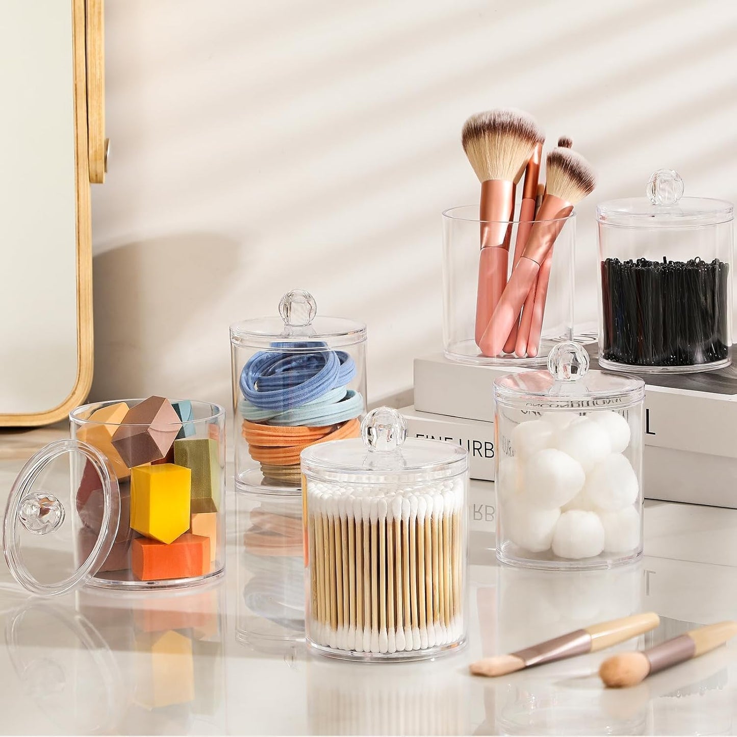 4 Pack Acrylic Qtip Holder Dispenser for Cotton Swabs, Balls, Pads, Floss Picks- Small Clear Acrylic Canister Apothecary Jar Set, Bathroom Essentials Accessories Decor, Vanity Makeup Storage Organizer